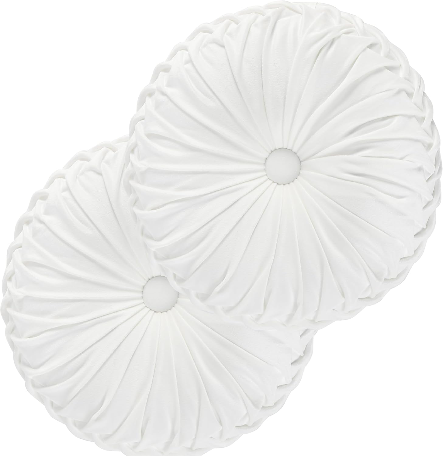 HIG Set of 2 Decorative Round Pleated Throw Pillows, Classy Accent Pumpkin Throw Pillows with Center Button, Vintage Velvet Floor Pillows for Sofa Couch Vanity Chair Bed, Olive, 14.5" Diameter(Ripple)