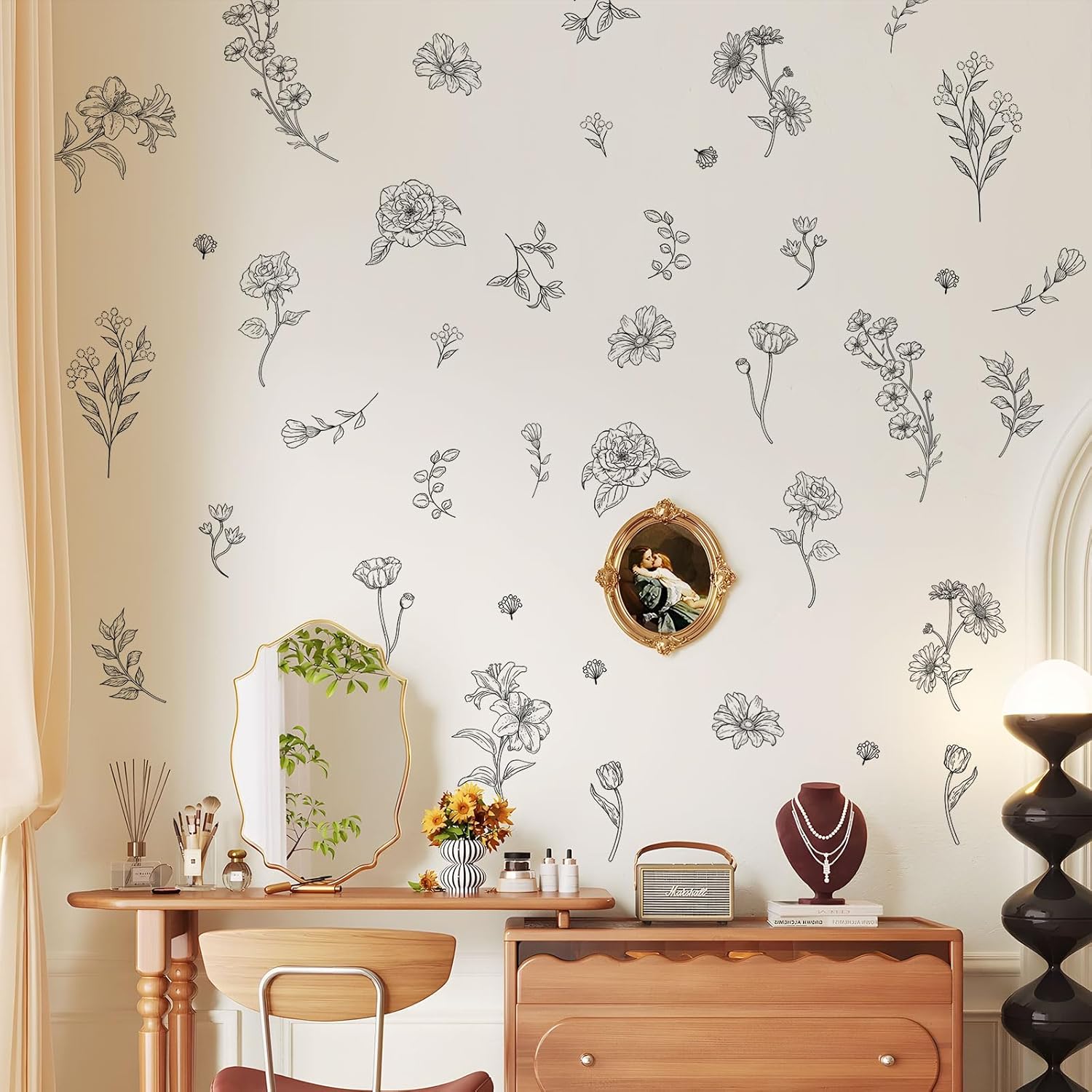 Retro Sketch Wildflower Wall Stickers, 15 Sheets Garden Floral Wall Decals DIY Peel and Stick Wall Decal Self Adhesive Wall Art Decor for Bedroom Office Sofa TV Backdrop