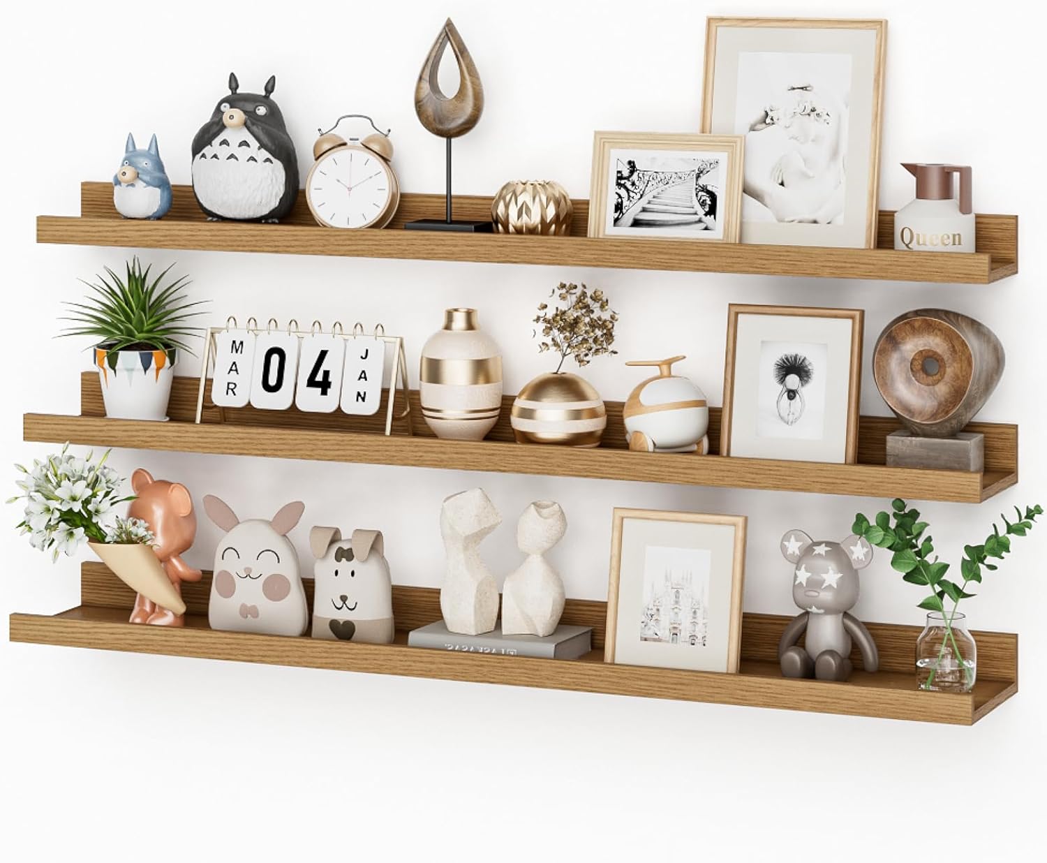 Heimlove Picture Ledge Shelf,48 inch Long Floating Shelves for Wall Set of 2,Picture Shelf with Lip for Wall Decor,Living Room,Bedroom,Bookshelf,Nursery,Perfume,Oak Color