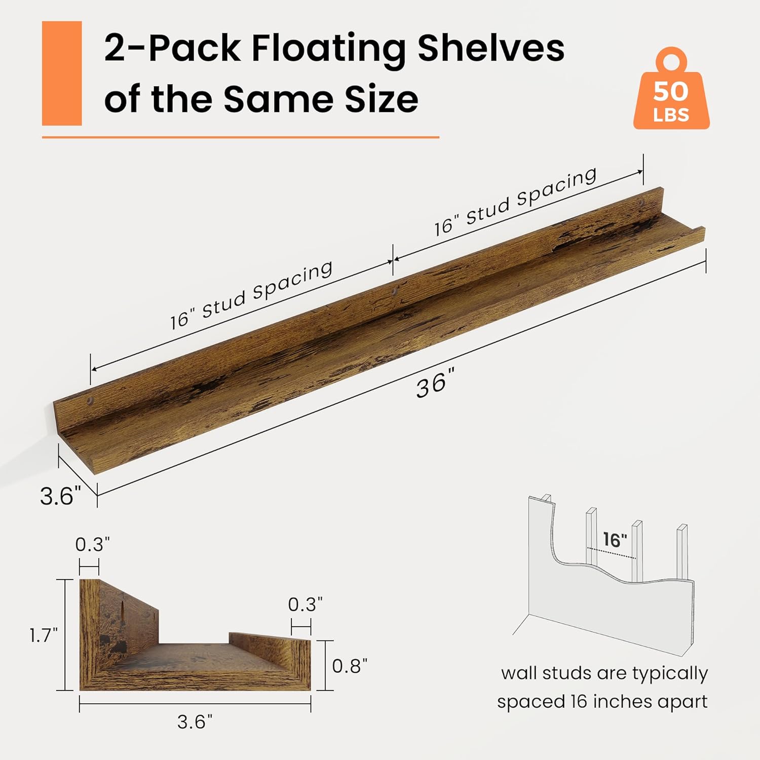 RICHFOCUS Picture Ledge Shelf, 36 inch Floating Shelves Set of 2, Wood Wall Shelves with Lip, Wall Decor Storage for Bedroom Living Room Bathroom Kitchen Nursery Photo Picture, Rustic Brown