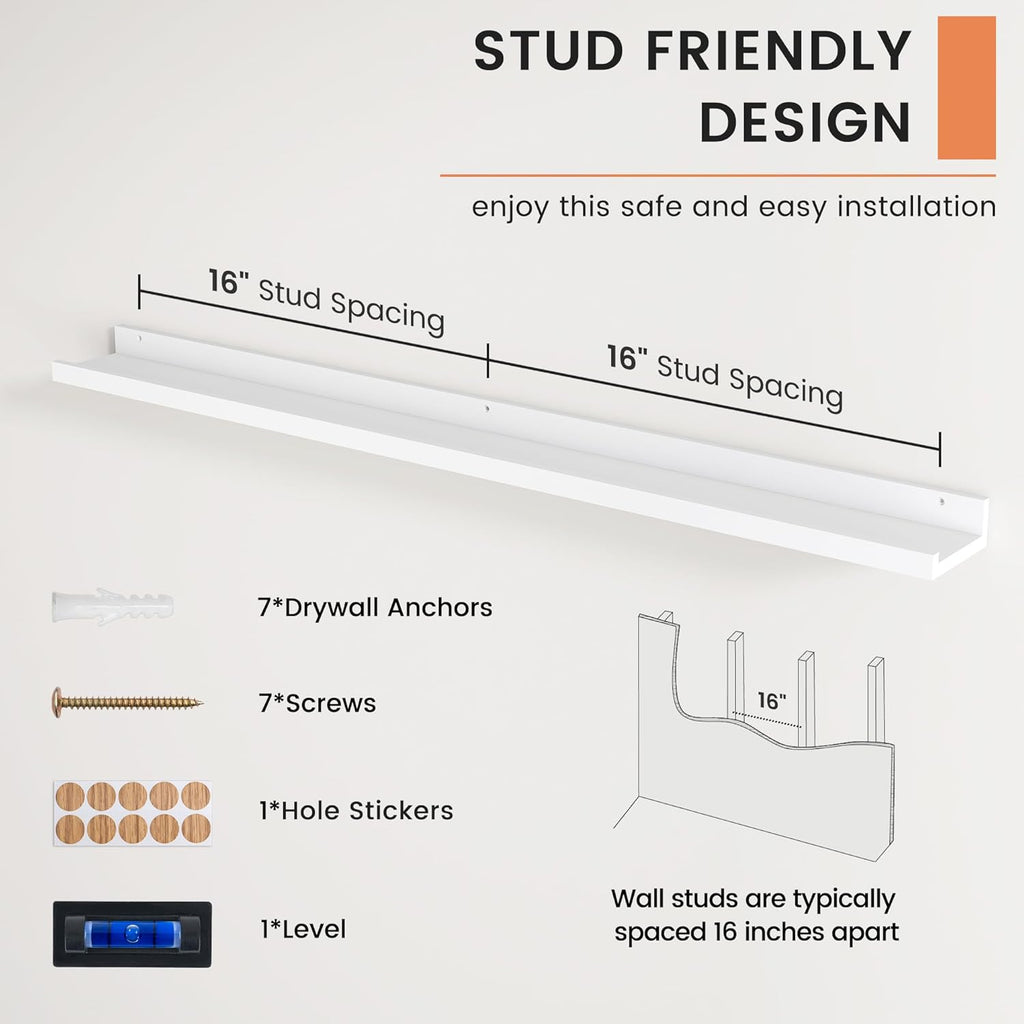 Picture Ledge Shelf, Floating Shelves Set of 2, 48 Inches Long Large Nursery Book Shelves for Toys Storage, Kids Bookshelf Wall Mounted for Living Room Bedroom Decor Books Photo Frames, White