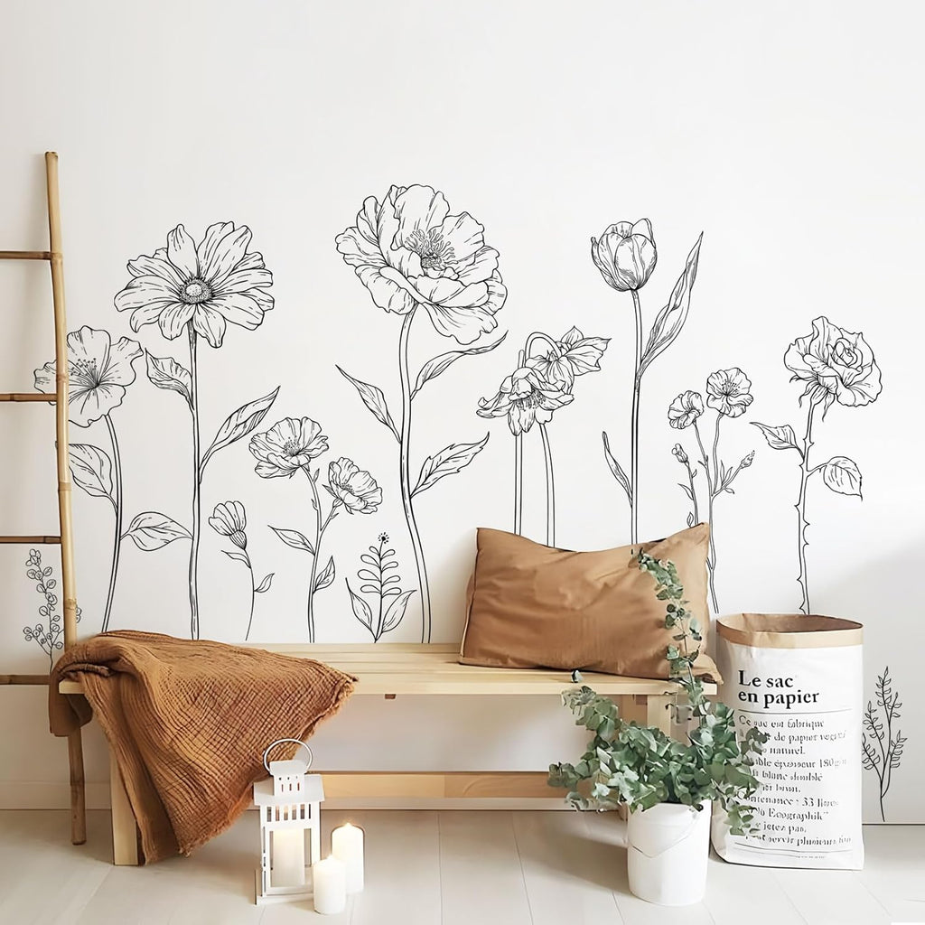 Large Black Boho Flower Wall Decals, 3 Sheets Simple Sketch Floral Wall Stickers Peony Wildflower Peel Stick Wall Art Decor Bedroom Home Room Office Garden Hall Adult Gifts for Mom(11.8x35.4 in/Sheet)