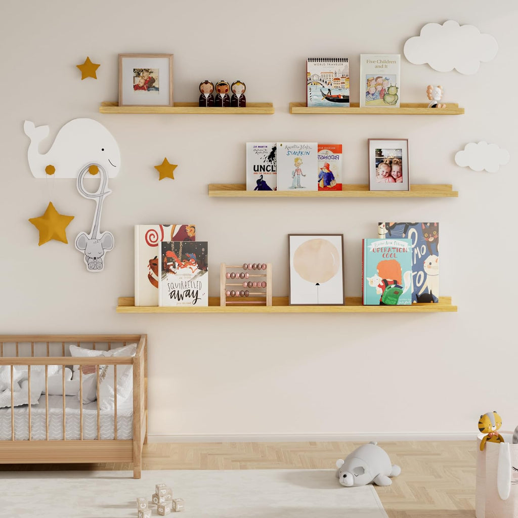 Fun Memories Picture Ledge Shelf for Wall, Floating Shelves Set of 4, 24 Inch Long Nursery Book Shelves for Toys Storage, Kids Bookshelf Wall Mounted for Books Photo Frames, Oak