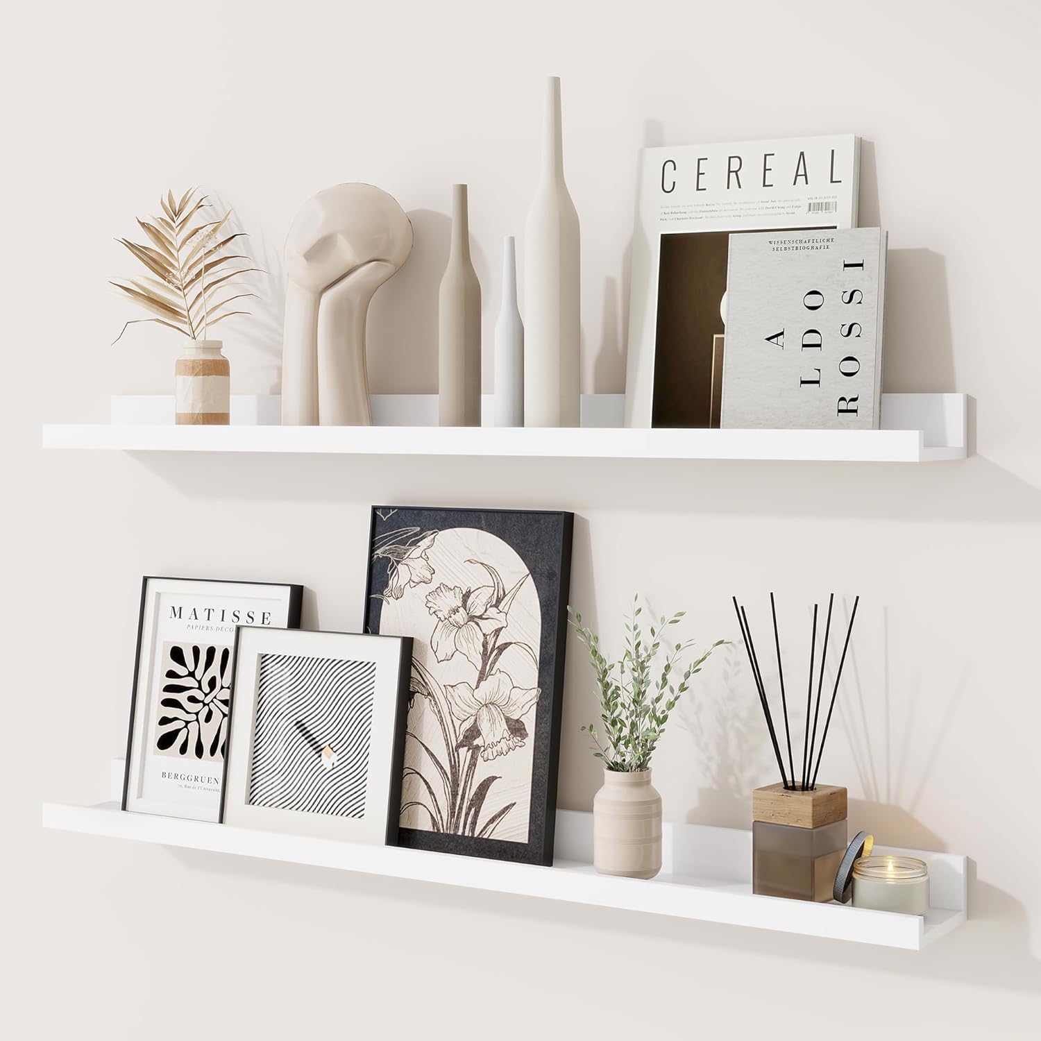 RICHFOCUS Picture Ledge Shelf, 36 inch Floating Shelves Set of 2, Wood Wall Shelves with Lip, Wall Decor Storage for Bedroom Living Room Bathroom Kitchen Nursery Photo Picture, Rustic Brown