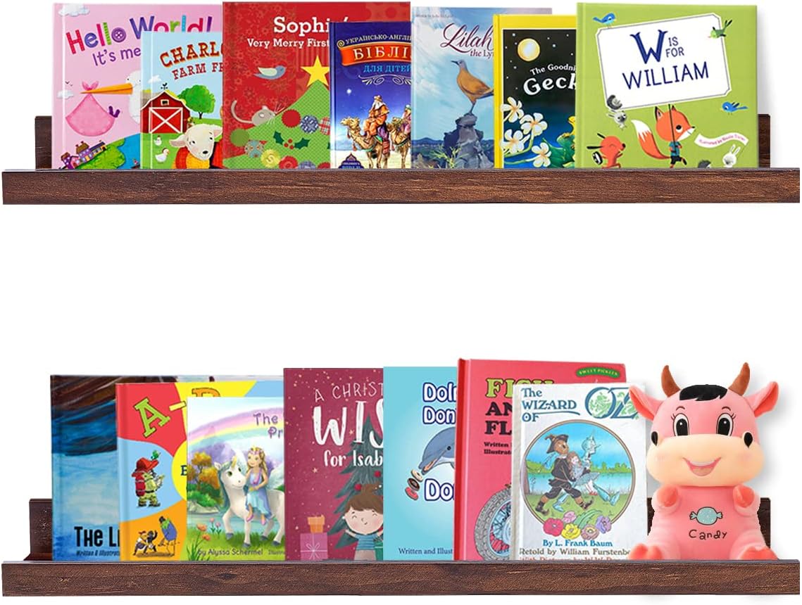AZSKY Rustic Wood Floating Shelves for Nursery Books Long Wall Bookshelf Photo Picture Ledge Shelf with Lip Wall Shelf for Kids Bedroom Bathroom Living Room Office Frames 36 Inches Set of 2