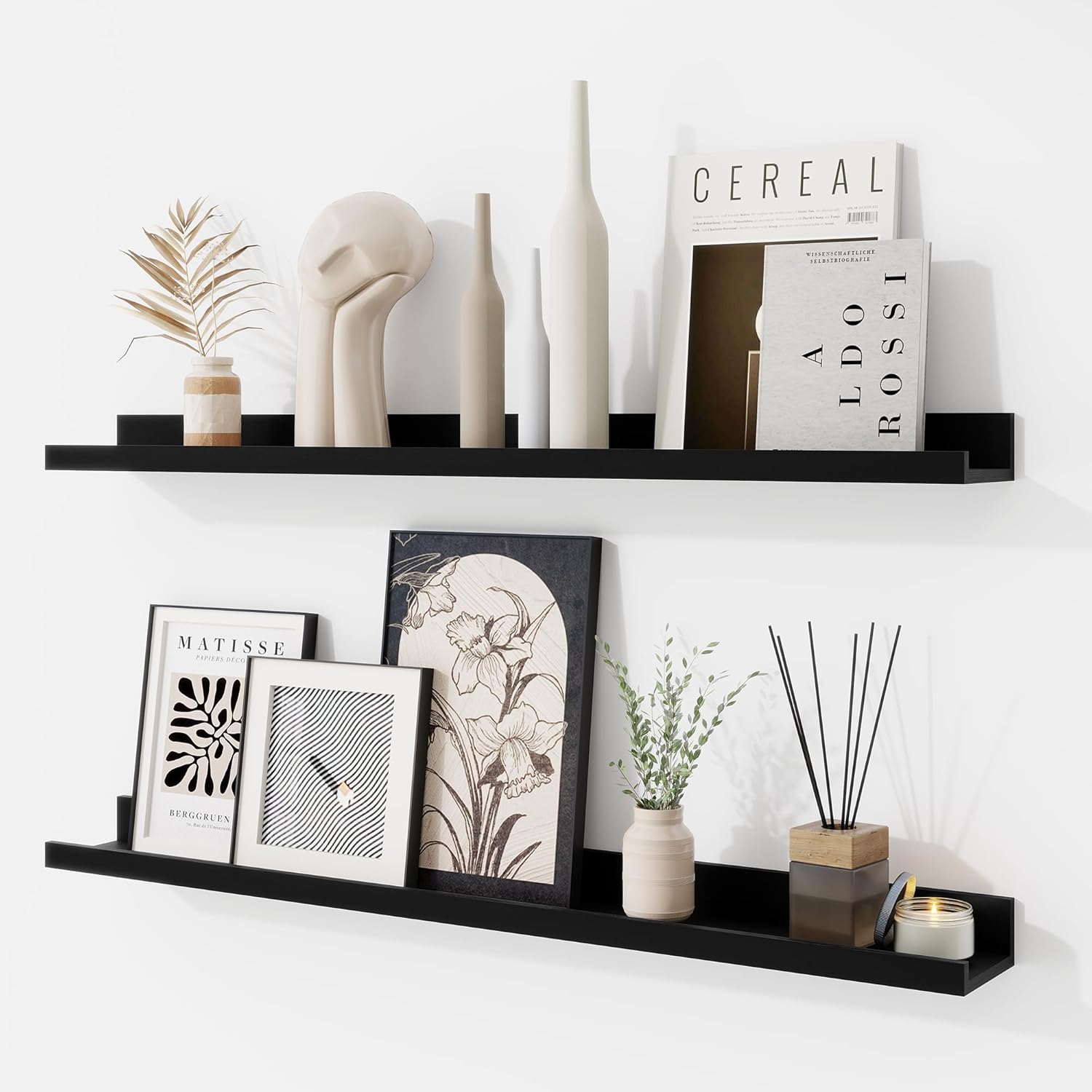 RICHFOCUS Picture Ledge Shelf, 36 inch Floating Shelves Set of 2, Wood Wall Shelves with Lip, Wall Decor Storage for Bedroom Living Room Bathroom Kitchen Nursery Photo Picture, Rustic Brown