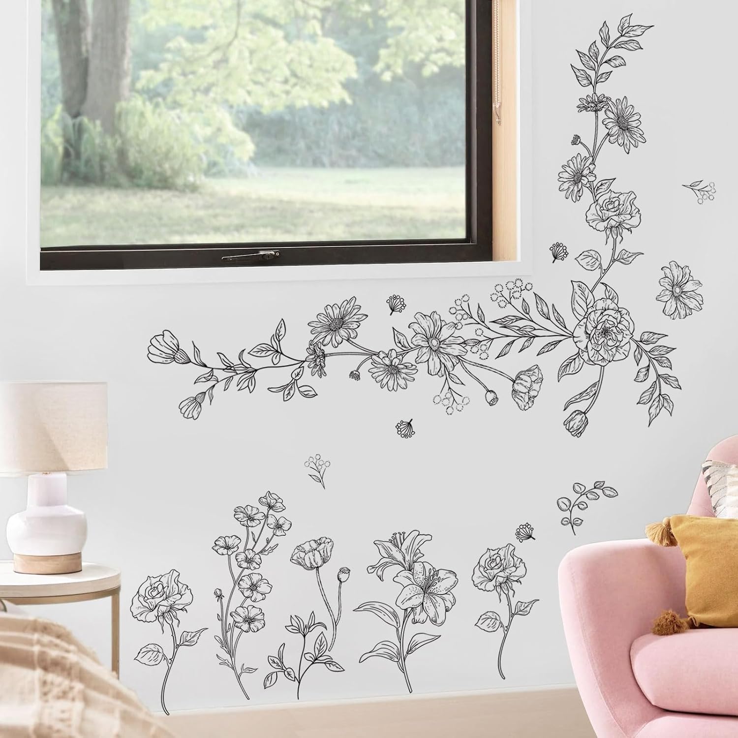 Retro Sketch Wildflower Wall Stickers, 15 Sheets Garden Floral Wall Decals DIY Peel and Stick Wall Decal Self Adhesive Wall Art Decor for Bedroom Office Sofa TV Backdrop