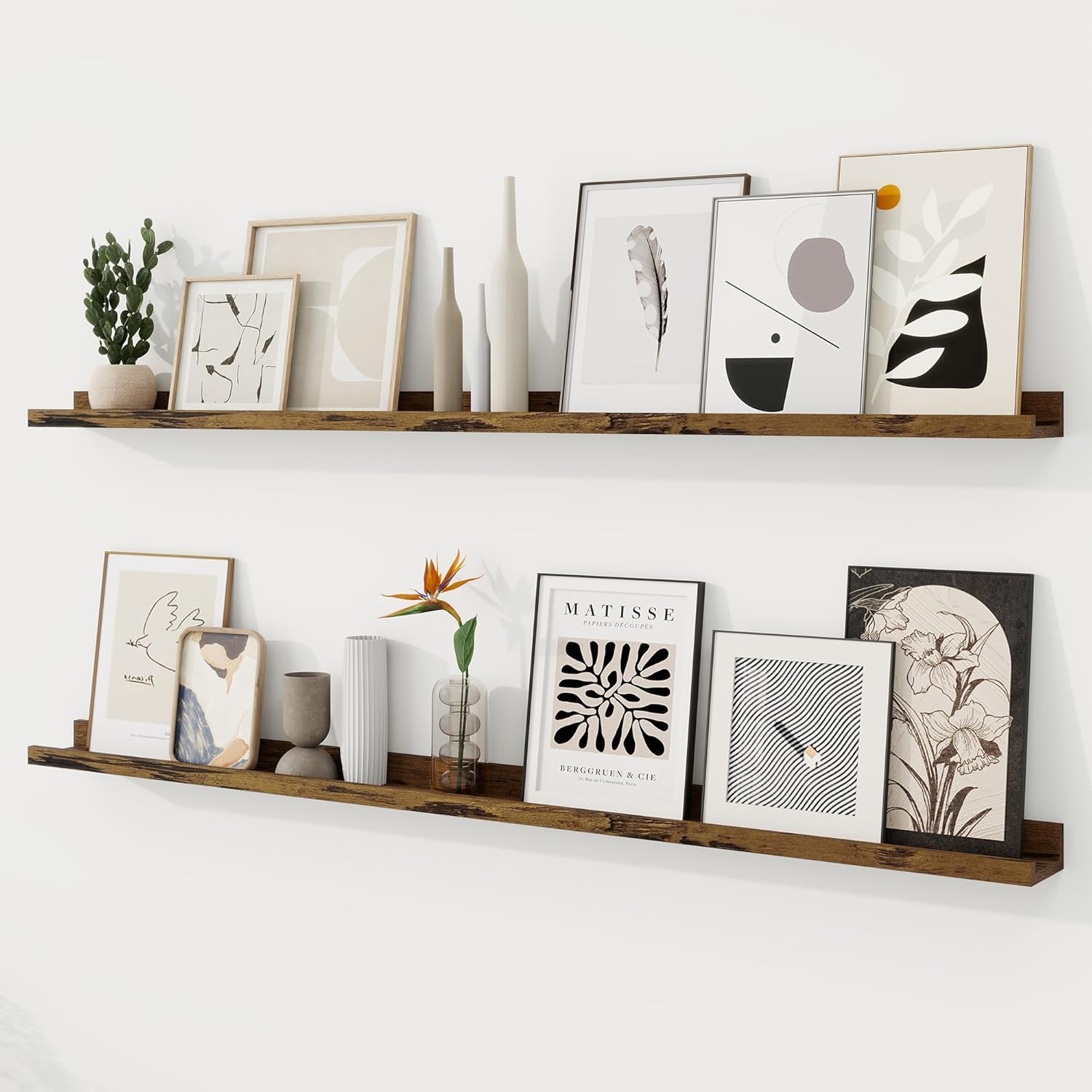 RICHFOCUS Picture Ledge Shelf, 36 inch Floating Shelves Set of 2, Wood Wall Shelves with Lip, Wall Decor Storage for Bedroom Living Room Bathroom Kitchen Nursery Photo Picture, Rustic Brown