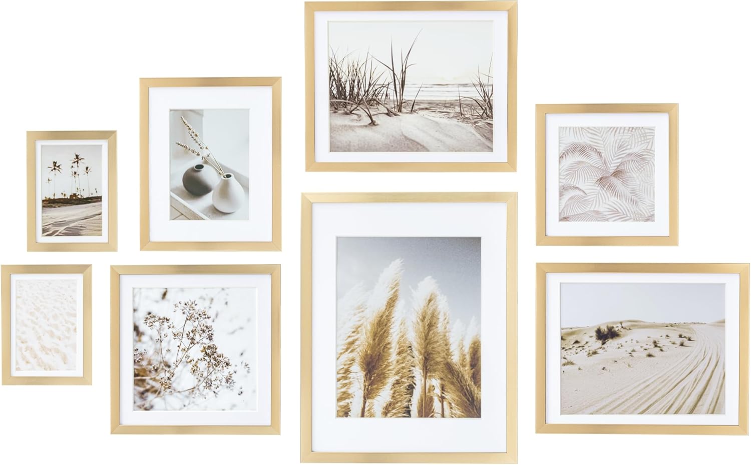 ArtbyHannah Gallery Wall Frame Set, 8 Pack Picture Frames Collage Wall Decor with Neutral Pampas Grass Art for Living Room, Assorted Size Including 11"x14", 8"x10", 5"x7"(Beige Frame)