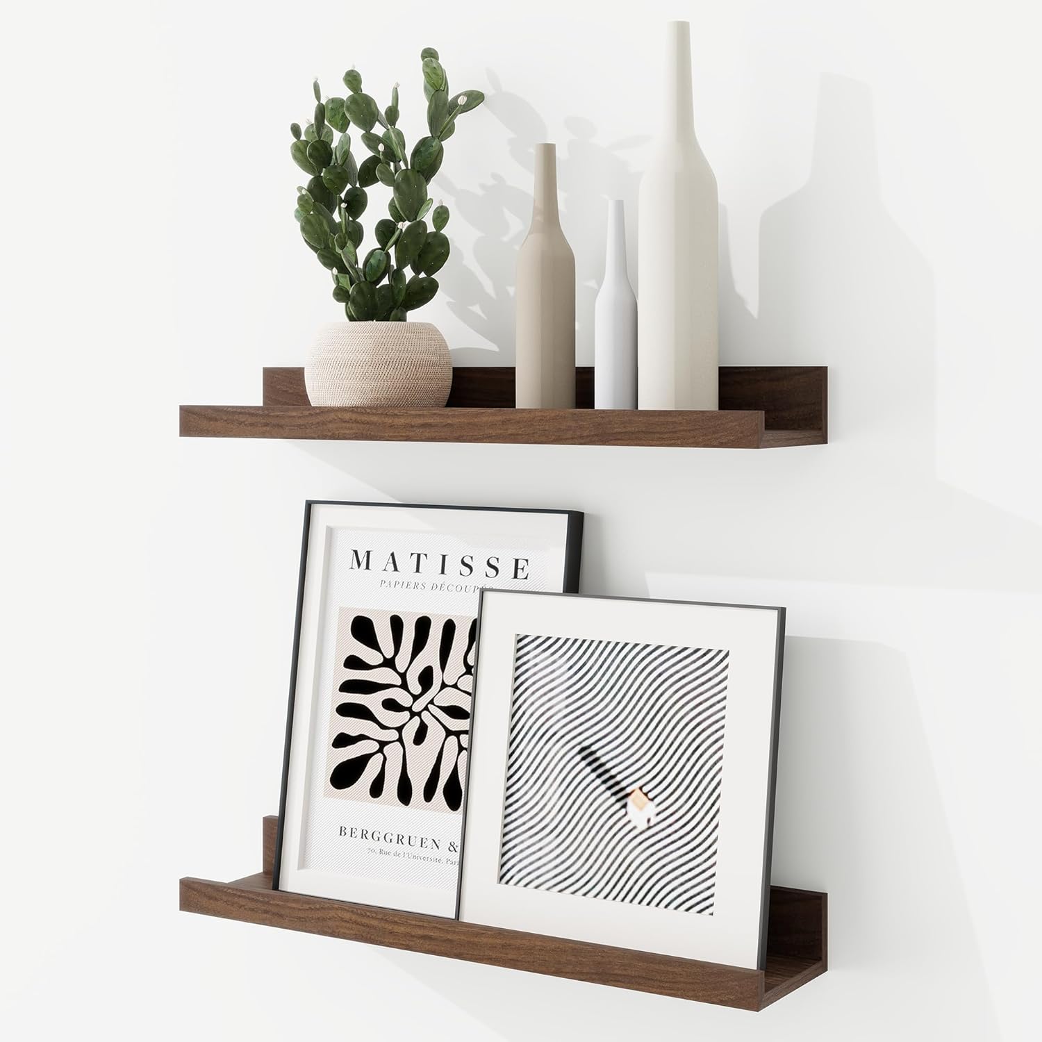 RICHFOCUS Picture Ledge Shelf, 36 inch Floating Shelves Set of 2, Wood Wall Shelves with Lip, Wall Decor Storage for Bedroom Living Room Bathroom Kitchen Nursery Photo Picture, Rustic Brown