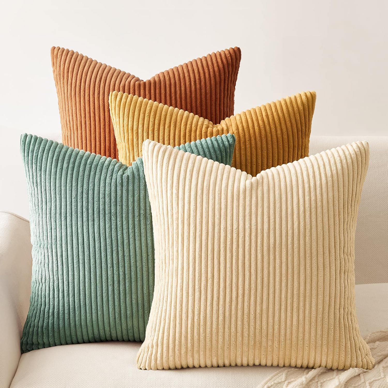 Topfinel Fall Burnt Orange Decorative Throw Pillows Covers 18x18 Inch Set of 4,Yellow Green Gradient Series Corduroy Striped Square Pillow Case,Western Modern Cushion Cover for Couch Sofa Bedroom
