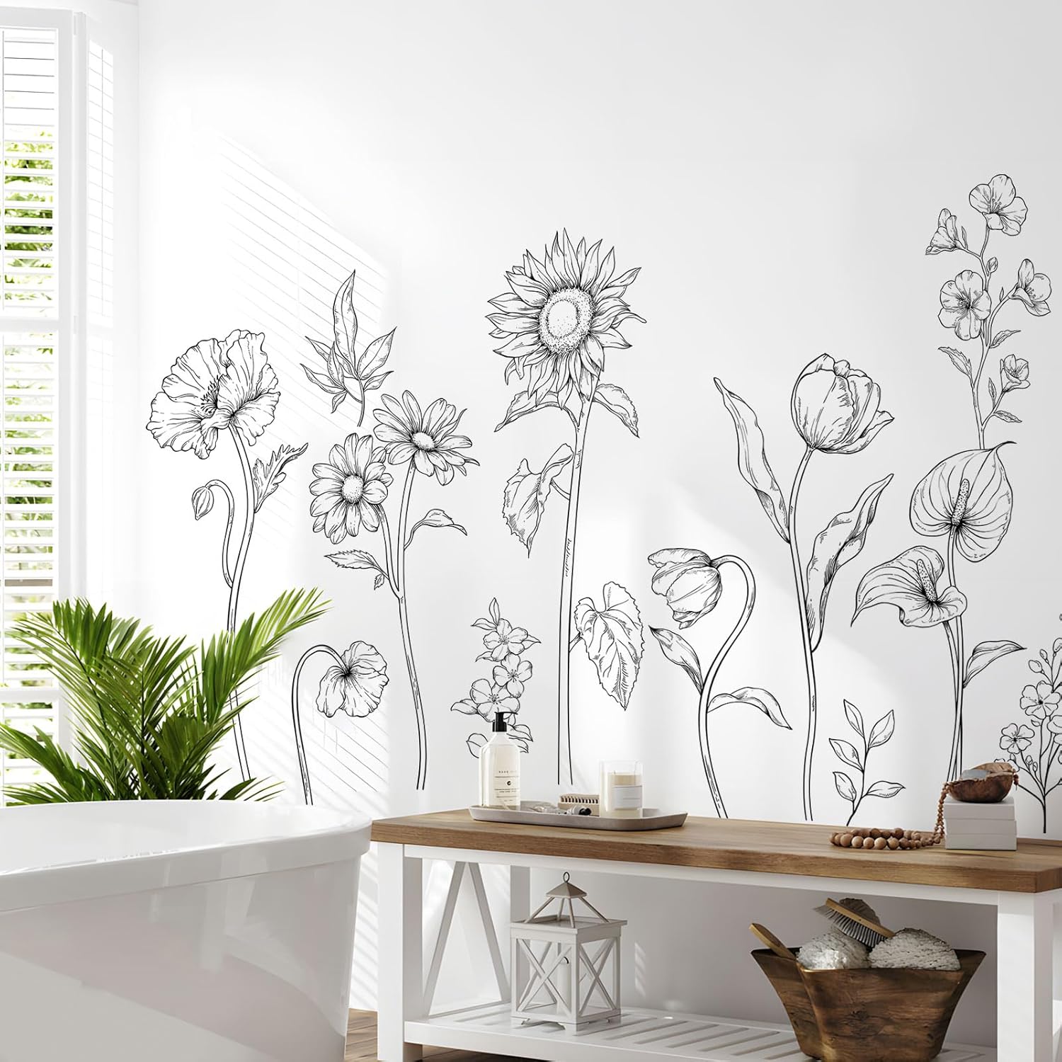 Large Black Boho Flower Wall Decals, 3 Sheets Simple Sketch Floral Wall Stickers Peony Wildflower Peel Stick Wall Art Decor Bedroom Home Room Office Garden Hall Adult Gifts for Mom(11.8x35.4 in/Sheet)