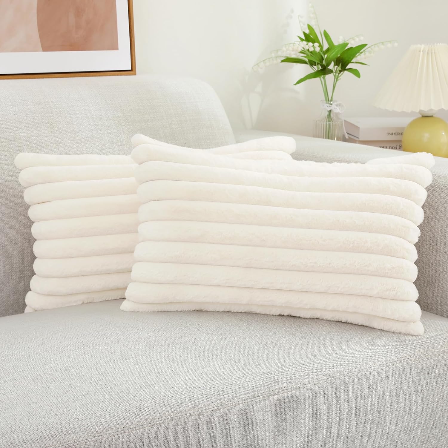 decorUhome Cozy Faux Fur Spring Throw Pillow Covers 18x18 Set of 2 Decorative Soft Plush Striped Modern Farmhouse Boho Couch Pillow Cases with Velvet Back for Sofa Bed Living Room, Cream White