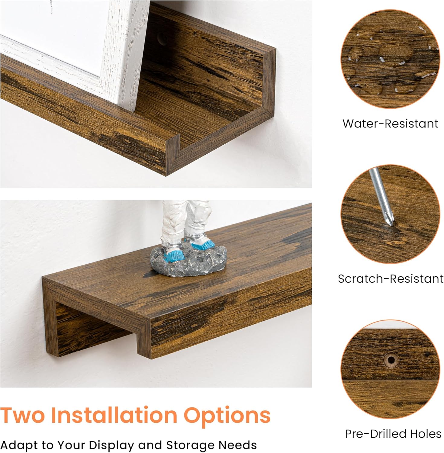 RICHFOCUS Picture Ledge Shelf, 36 inch Floating Shelves Set of 2, Wood Wall Shelves with Lip, Wall Decor Storage for Bedroom Living Room Bathroom Kitchen Nursery Photo Picture, Rustic Brown