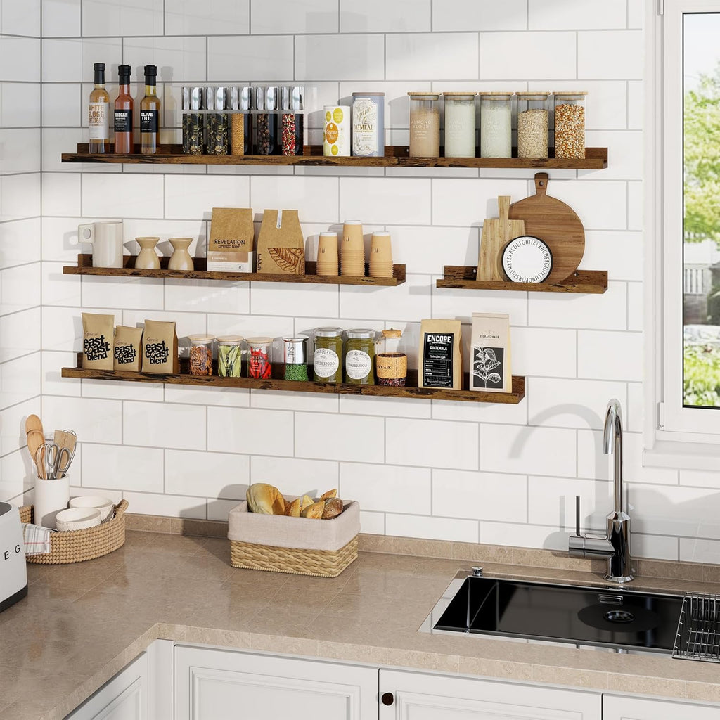 RICHFOCUS Picture Ledge Shelf, 36 inch Floating Shelves Set of 2, Wood Wall Shelves with Lip, Wall Decor Storage for Bedroom Living Room Bathroom Kitchen Nursery Photo Picture, Rustic Brown