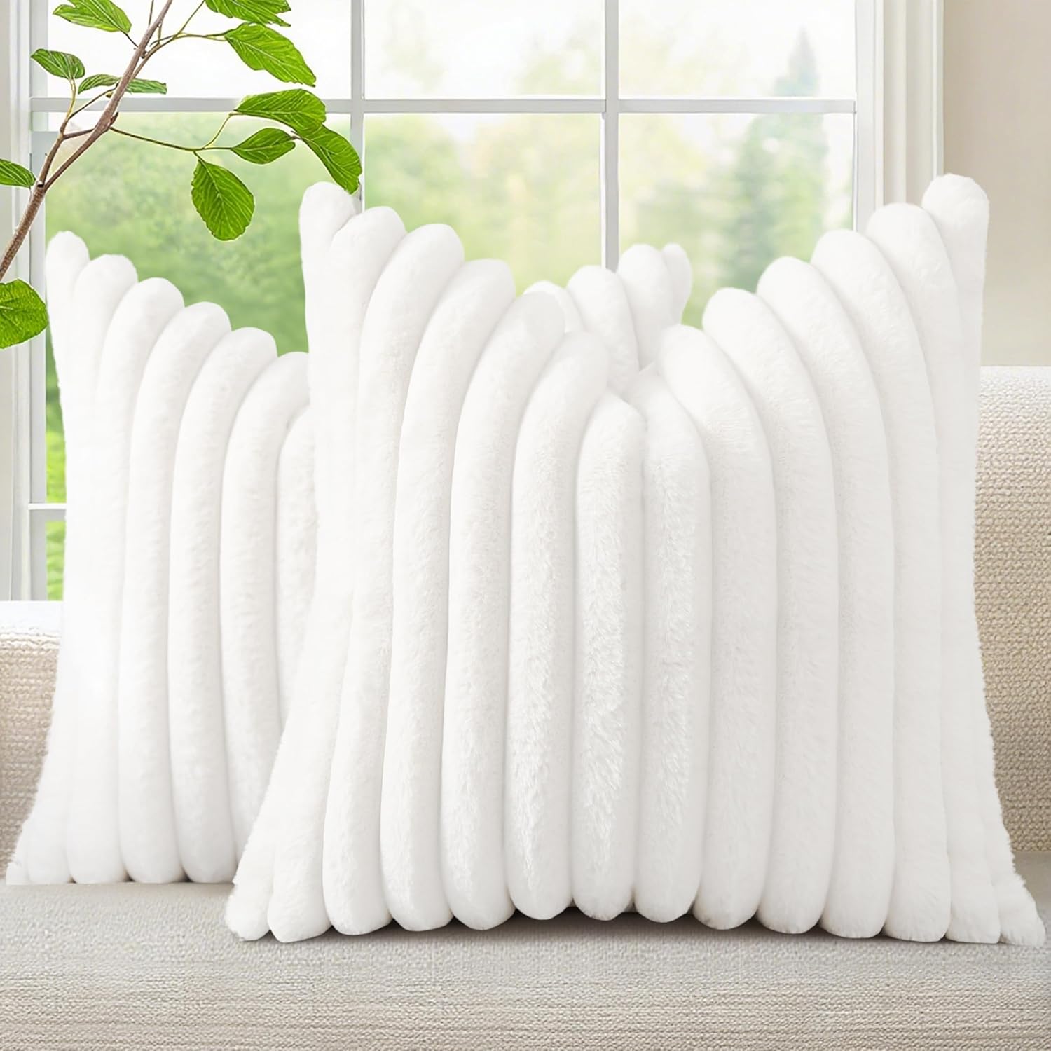 decorUhome Cozy Faux Fur Spring Throw Pillow Covers 18x18 Set of 2 Decorative Soft Plush Striped Modern Farmhouse Boho Couch Pillow Cases with Velvet Back for Sofa Bed Living Room, Cream White