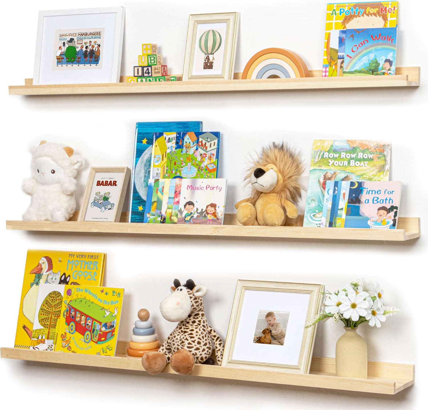 Picture Ledge Shelf, Floating Shelves Set of 2, Solid Pine Wood 72'' Long Large Nursery Book Shelves for Toys Storage, Kids Bookshelf for Living Room Bedroom Decor Books Photo Frames, White