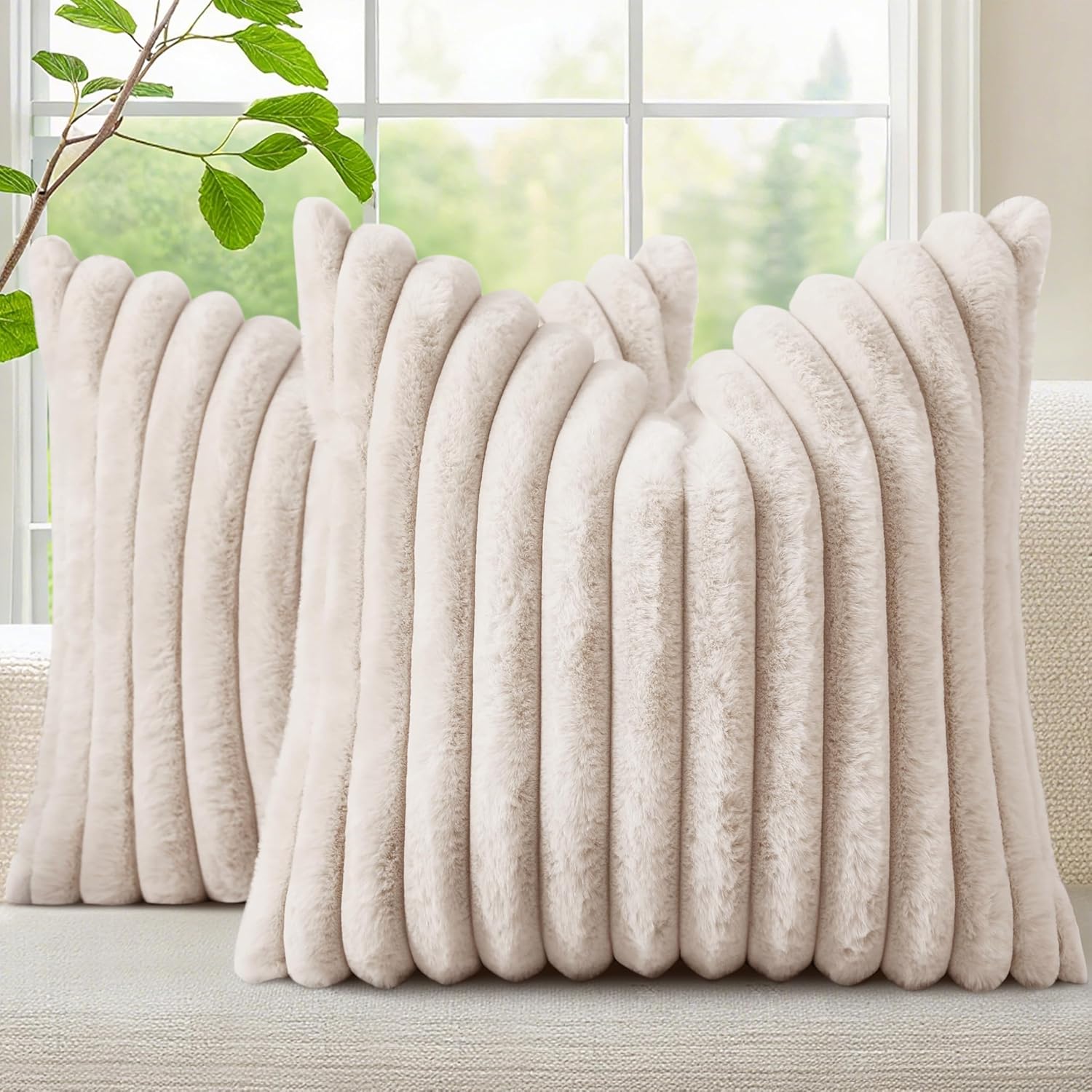 decorUhome Cozy Faux Fur Spring Throw Pillow Covers 18x18 Set of 2 Decorative Soft Plush Striped Modern Farmhouse Boho Couch Pillow Cases with Velvet Back for Sofa Bed Living Room, Cream White
