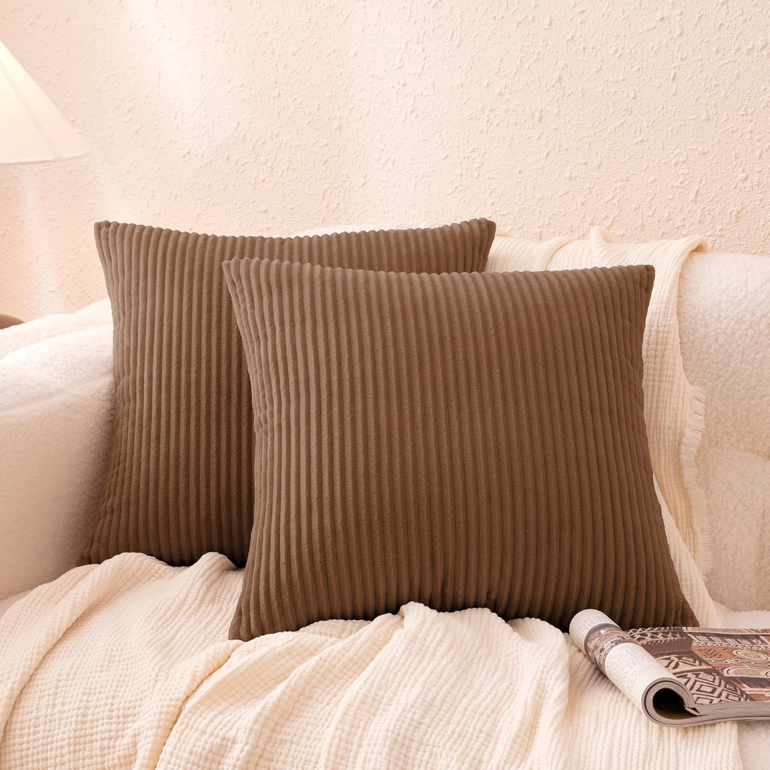 Amazon Basics Plush Striped Throw Pillow Covers, Soft Fluffy Decorative Pillow Covers for Sofa, Couch, Living Room, Bed, 18 × 18in, Gray, Pack of 2