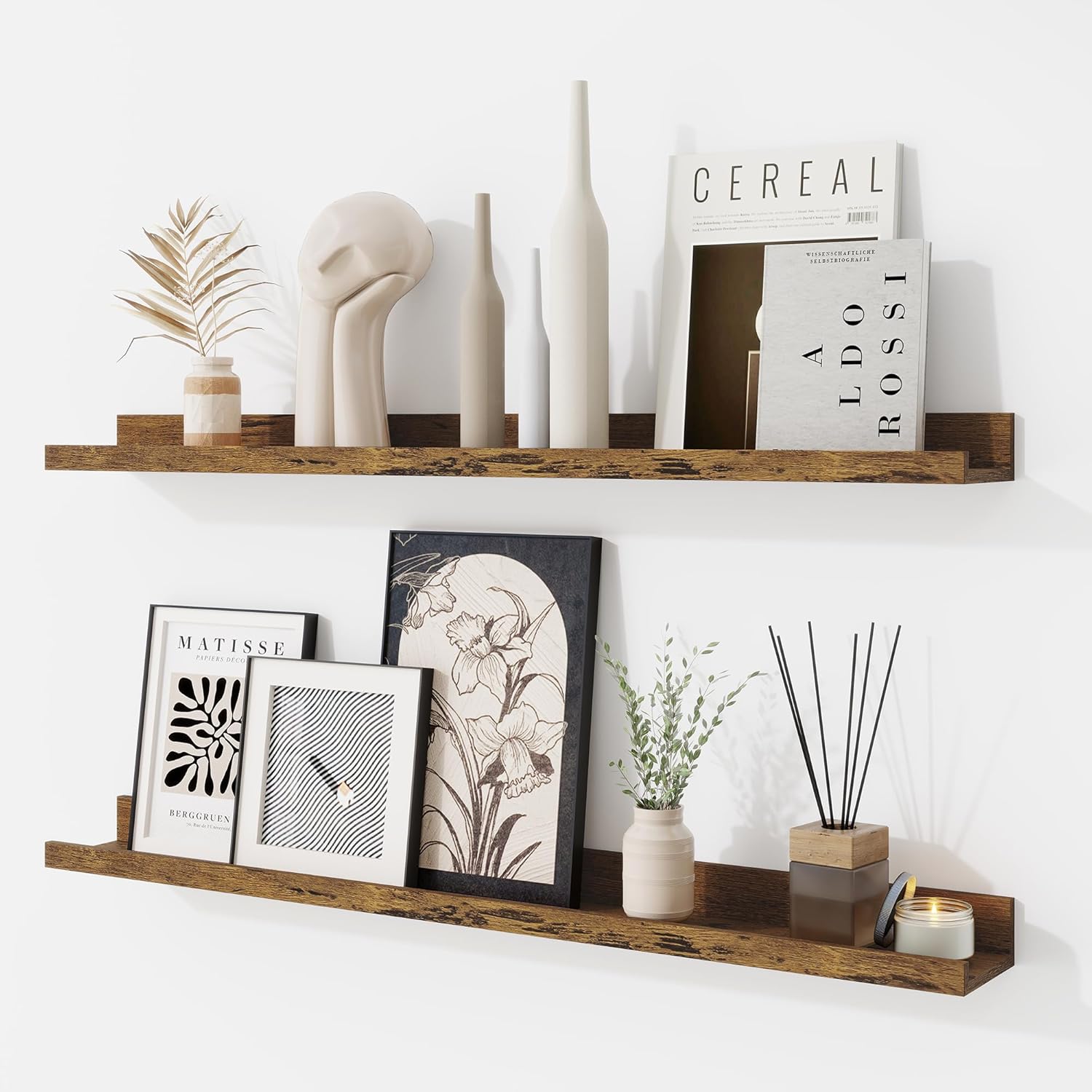 RICHFOCUS Picture Ledge Shelf, 36 inch Floating Shelves Set of 2, Wood Wall Shelves with Lip, Wall Decor Storage for Bedroom Living Room Bathroom Kitchen Nursery Photo Picture, Rustic Brown