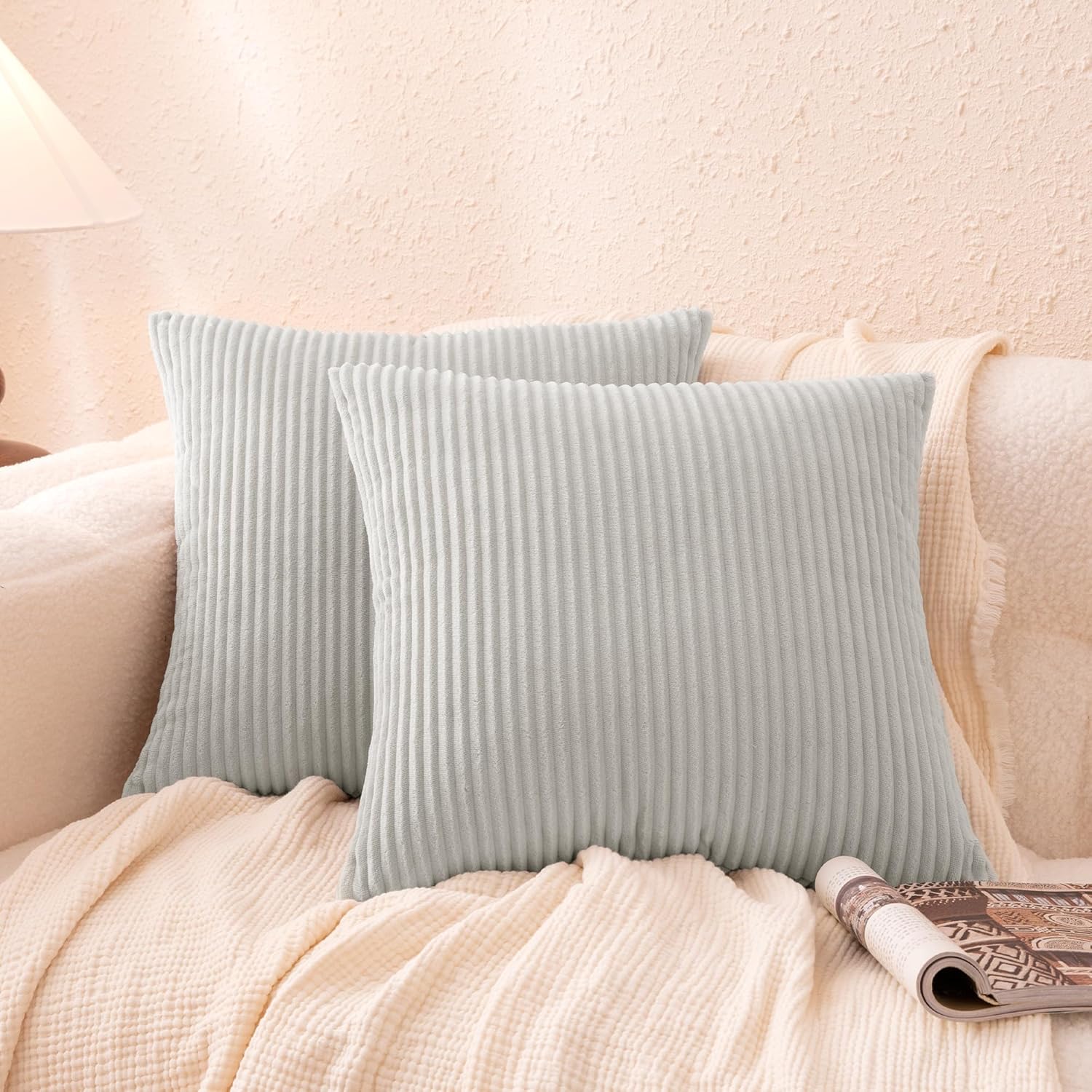 Amazon Basics Plush Striped Throw Pillow Covers, Soft Fluffy Decorative Pillow Covers for Sofa, Couch, Living Room, Bed, 18 × 18in, Gray, Pack of 2