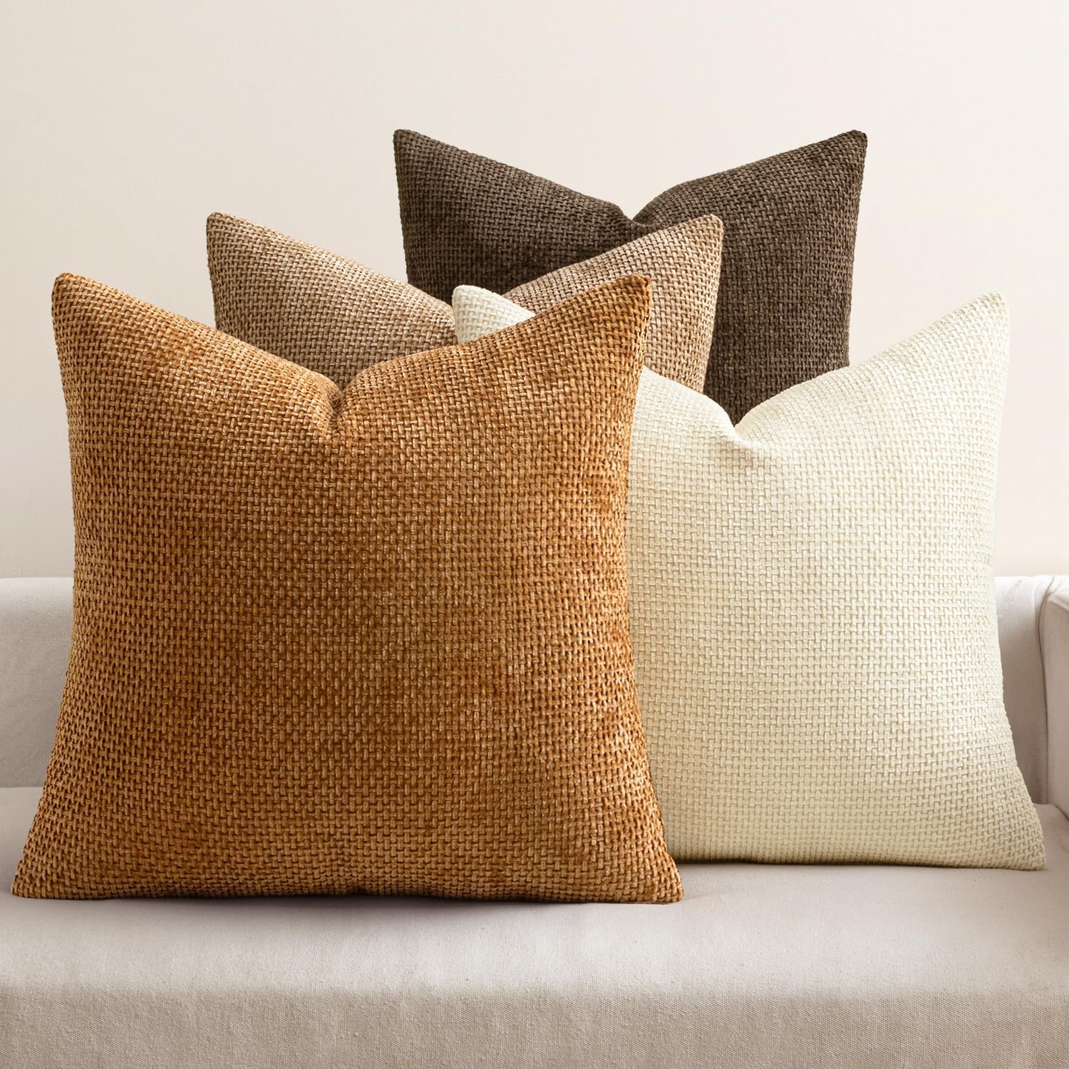 MIULEE Pack of 4 Couch Throw Pillow Covers 18x18 Inch Neutral Soft Decorative Chenille Pillow Covers Farmhouse Boho Cushion Covers for Mid Century Modern Spring Home Decor Sofa Bedroom Living Room