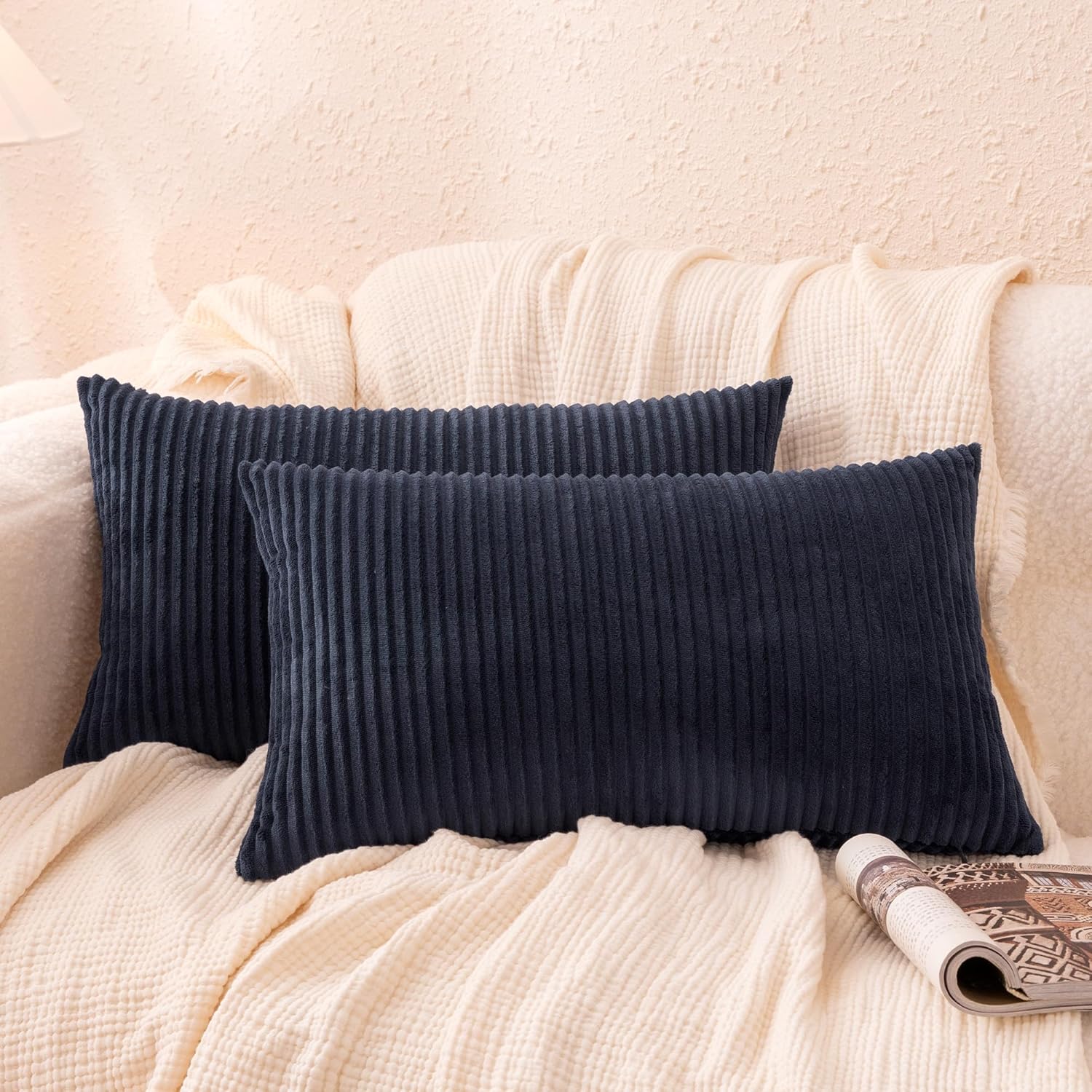 Amazon Basics Plush Striped Throw Pillow Covers, Soft Fluffy Decorative Pillow Covers for Sofa, Couch, Living Room, Bed, 18 × 18in, Gray, Pack of 2