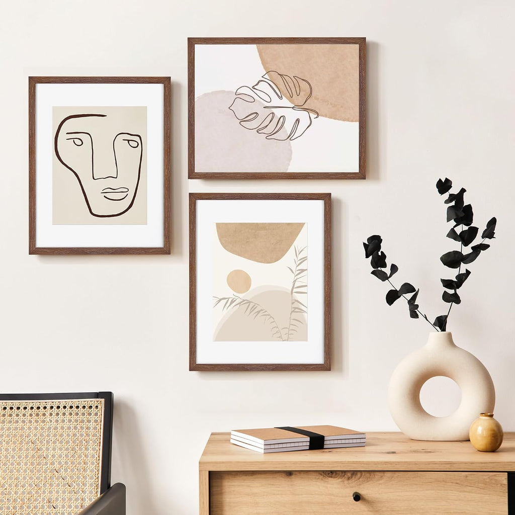 Fun Memories 11x14 Wood Picture Frame, Set of 3, Natural Oak Frame 11 x 14 with Tempered Glass, 8x10 Matted to Wood, Farmhousr Rustic Wooden Poster 11x14, Walnut Color