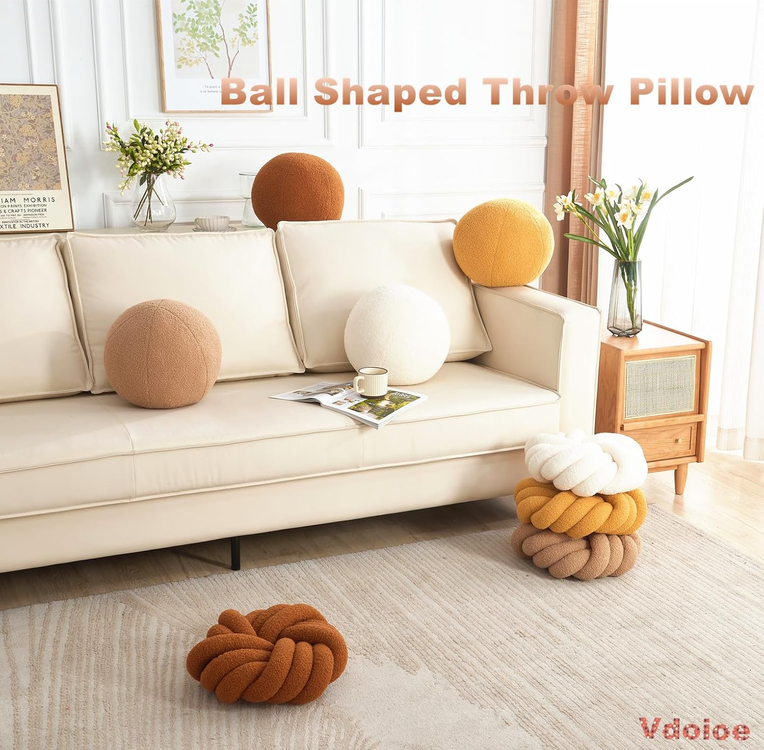 Cream White Knot Pillow 13.7'' Round Throw Pillow Soft Plush Knot Ball Pillow Handmade Knotted Pillow Modern Home Decorative Knotted Pillow Cushion for Bed Bedroom, Sofa, Couch