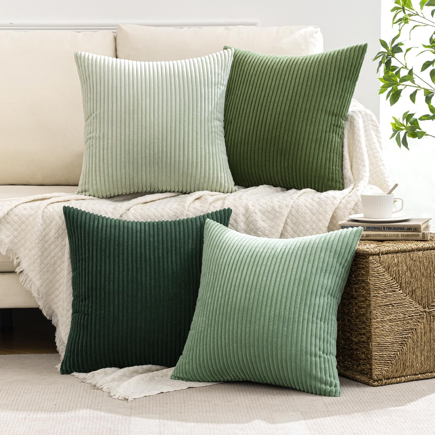 MIULEE Boho Farmhouse Sage Green Throw Pillow Covers 18x18 Inch Set of 4 Mordern Nordic Cushion Covers Soft Corduroy Spring Home Decor for Couch Bed Sofa Living Room Forest Green