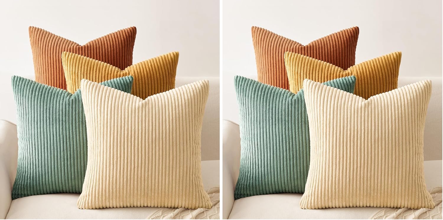 Topfinel Fall Burnt Orange Decorative Throw Pillows Covers 18x18 Inch Set of 4,Yellow Green Gradient Series Corduroy Striped Square Pillow Case,Western Modern Cushion Cover for Couch Sofa Bedroom