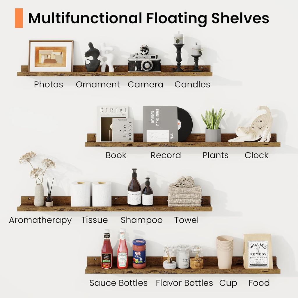 RICHFOCUS Picture Ledge Shelf, 36 inch Floating Shelves Set of 2, Wood Wall Shelves with Lip, Wall Decor Storage for Bedroom Living Room Bathroom Kitchen Nursery Photo Picture, Rustic Brown