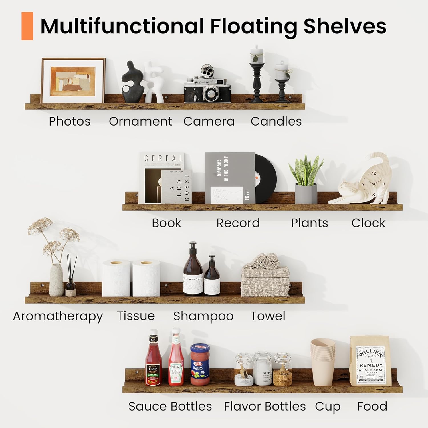 RICHFOCUS Picture Ledge Shelf, 36 inch Floating Shelves Set of 2, Wood Wall Shelves with Lip, Wall Decor Storage for Bedroom Living Room Bathroom Kitchen Nursery Photo Picture, Rustic Brown