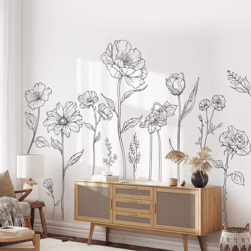 Large Black Boho Flower Wall Decals, 3 Sheets Simple Sketch Floral Wall Stickers Peony Wildflower Peel Stick Wall Art Decor Bedroom Home Room Office Garden Hall Adult Gifts for Mom(11.8x35.4 in/Sheet)