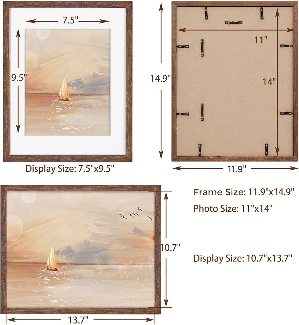 Fun Memories 11x14 Wood Picture Frame, Set of 3, Natural Oak Frame 11 x 14 with Tempered Glass, 8x10 Matted to Wood, Farmhousr Rustic Wooden Poster 11x14, Walnut Color