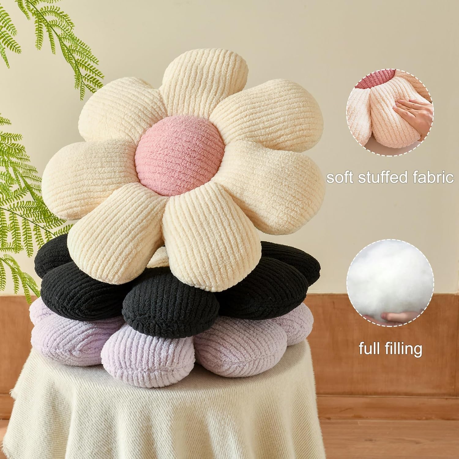 Xuyier Flower Shaped Throw Pillow,Soft Daisy Pillow with Decorative Pillows for Bed Couch Chair Floor, Flower Plush Pillows for Living Room Bed Room Seat Cushion(14.9" Ivory)