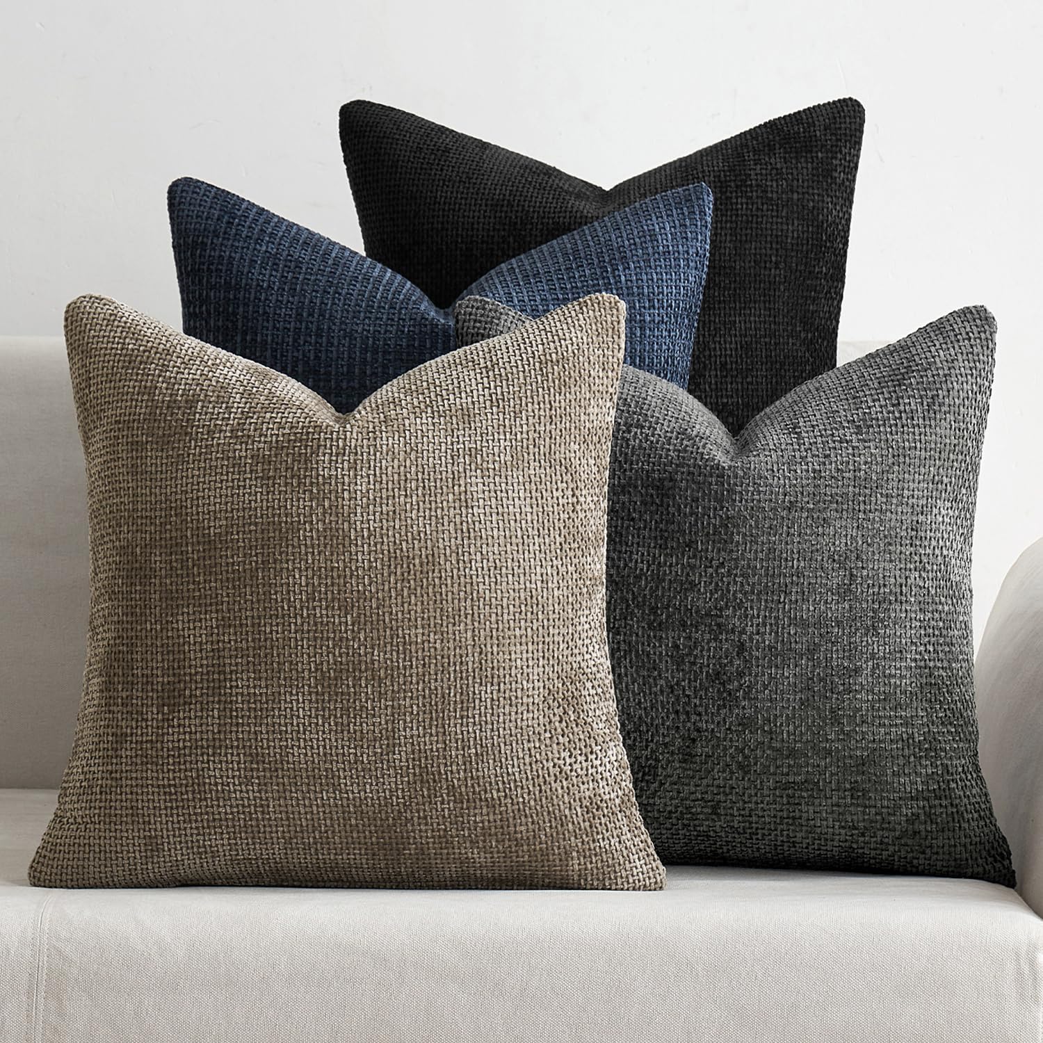 MIULEE Pack of 4 Couch Throw Pillow Covers 18x18 Inch Neutral Soft Decorative Chenille Pillow Covers Farmhouse Boho Cushion Covers for Mid Century Modern Spring Home Decor Sofa Bedroom Living Room