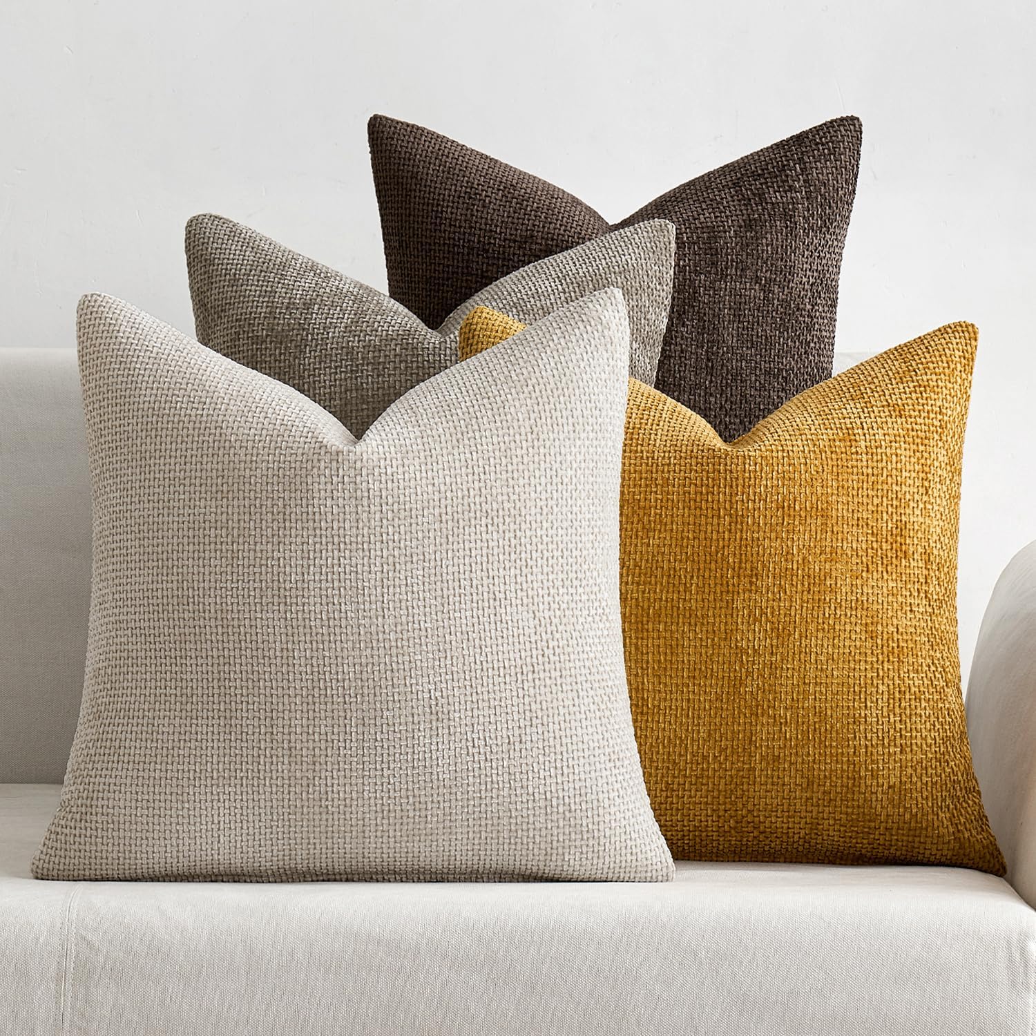 MIULEE Pack of 4 Couch Throw Pillow Covers 18x18 Inch Neutral Soft Decorative Chenille Pillow Covers Farmhouse Boho Cushion Covers for Mid Century Modern Spring Home Decor Sofa Bedroom Living Room