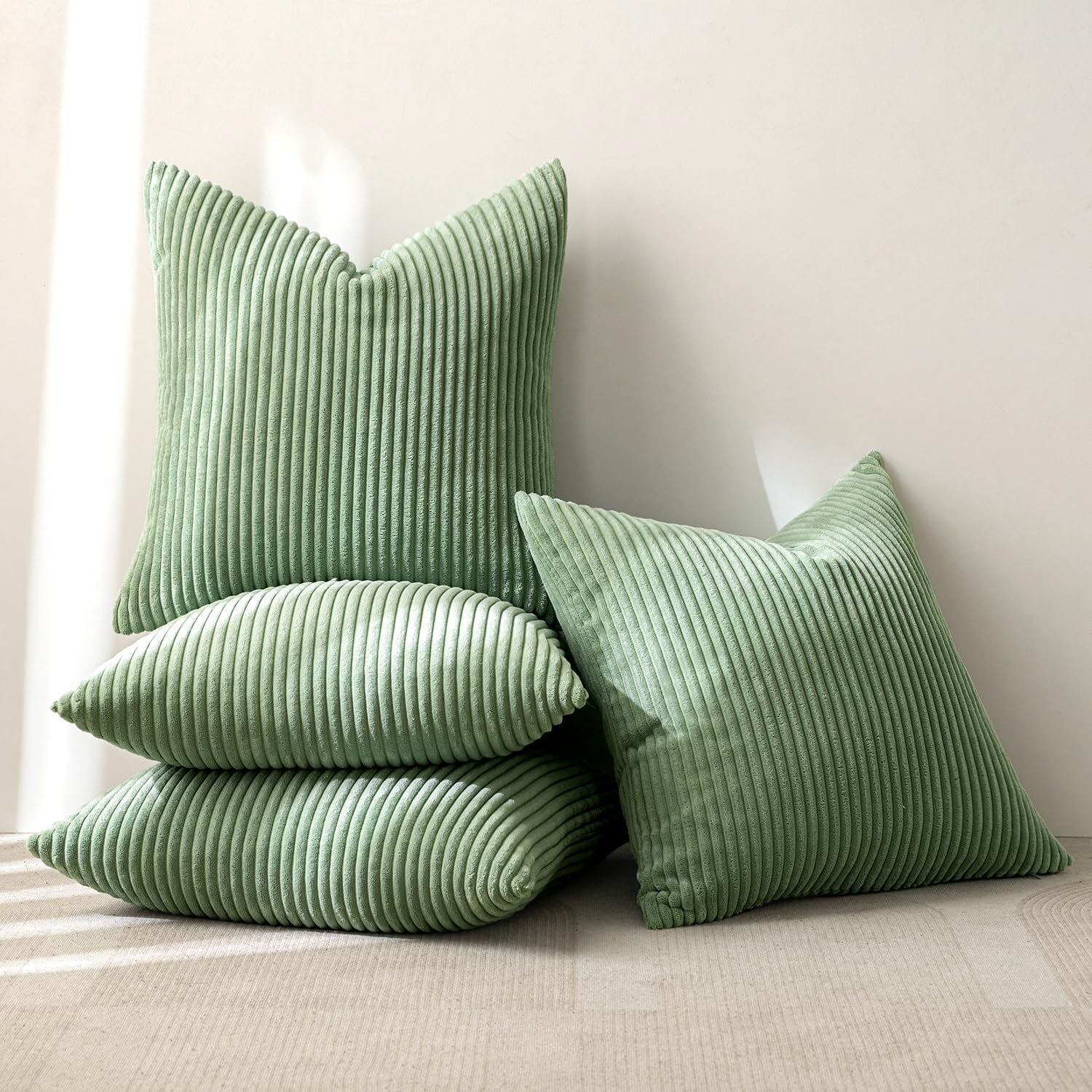 MIULEE Boho Farmhouse Sage Green Throw Pillow Covers 18x18 Inch Set of 4 Mordern Nordic Cushion Covers Soft Corduroy Spring Home Decor for Couch Bed Sofa Living Room Forest Green