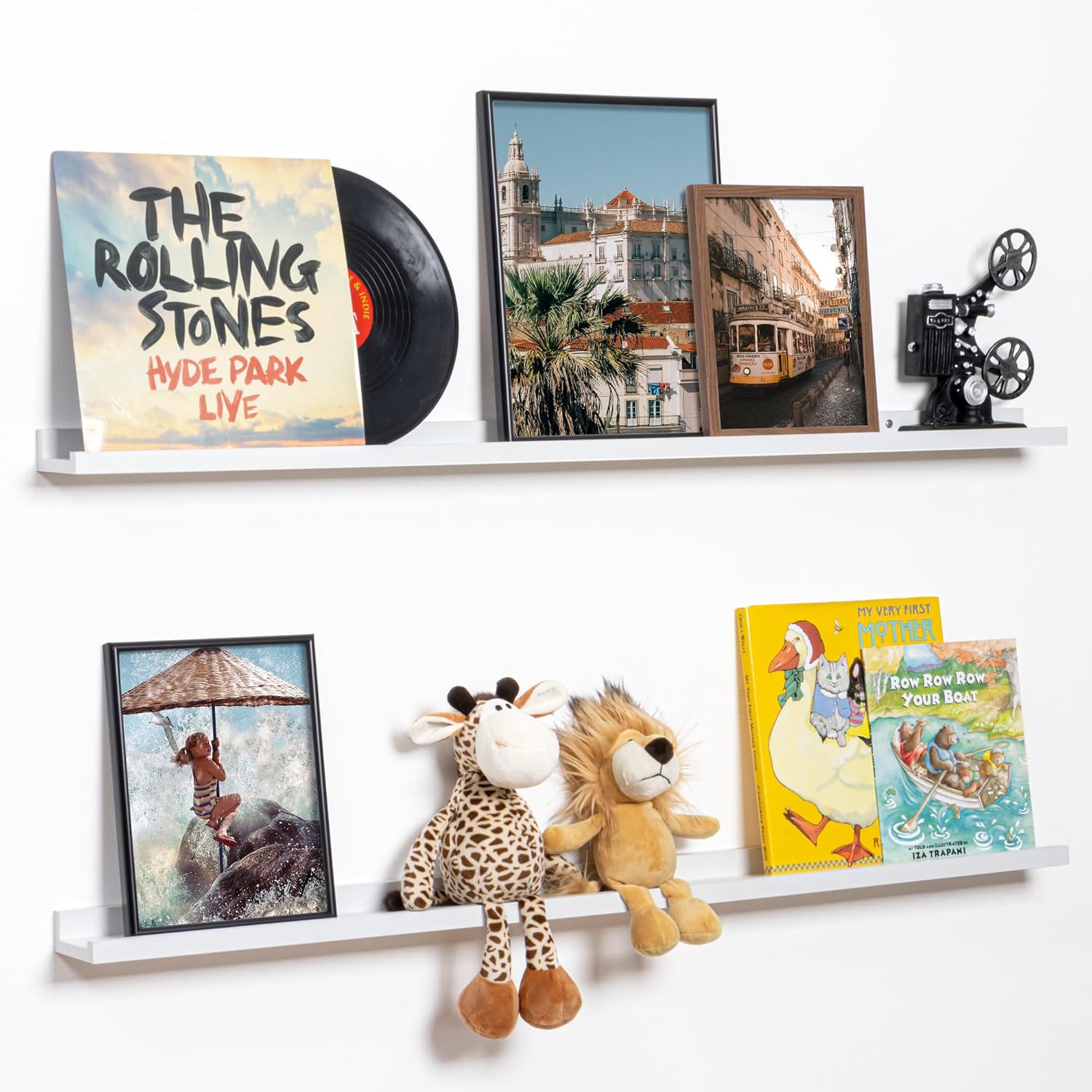 Fun Memories Picture Ledge Shelf for Wall, Floating Shelves Set of 4, 24 Inch Long Nursery Book Shelves for Toys Storage, Kids Bookshelf Wall Mounted for Books Photo Frames, Oak