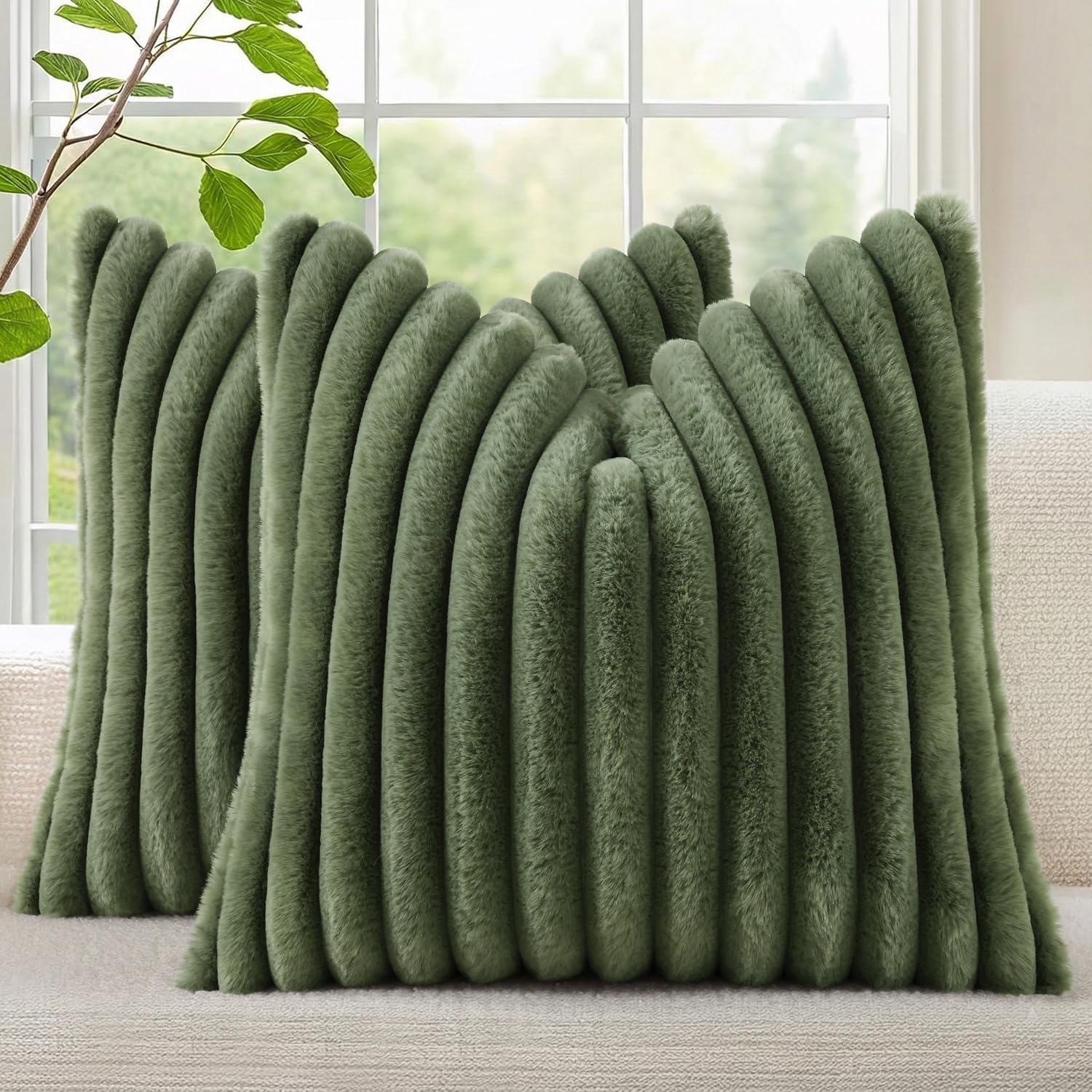 decorUhome Cozy Faux Fur Spring Throw Pillow Covers 18x18 Set of 2 Decorative Soft Plush Striped Modern Farmhouse Boho Couch Pillow Cases with Velvet Back for Sofa Bed Living Room, Cream White