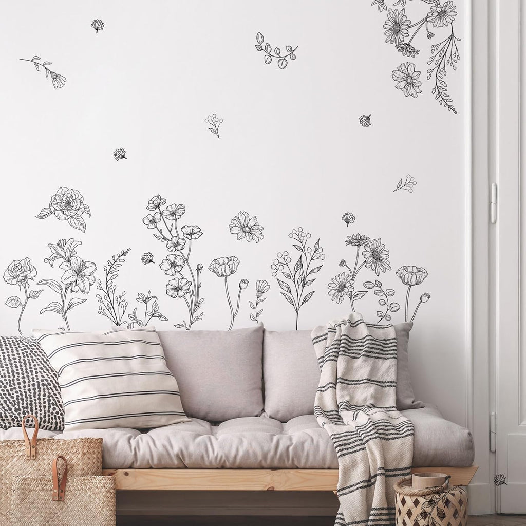 Retro Sketch Wildflower Wall Stickers, 15 Sheets Garden Floral Wall Decals DIY Peel and Stick Wall Decal Self Adhesive Wall Art Decor for Bedroom Office Sofa TV Backdrop