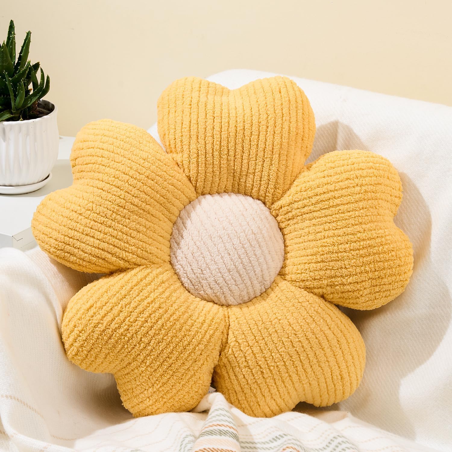 Sioloc Daisy Flower Pillow - Yellow Playful Decorative Throw Pillow for Bed, Cute Flower Shaped Floor Cushion for Chair, Couch & Room Decor (15.7 Inch)