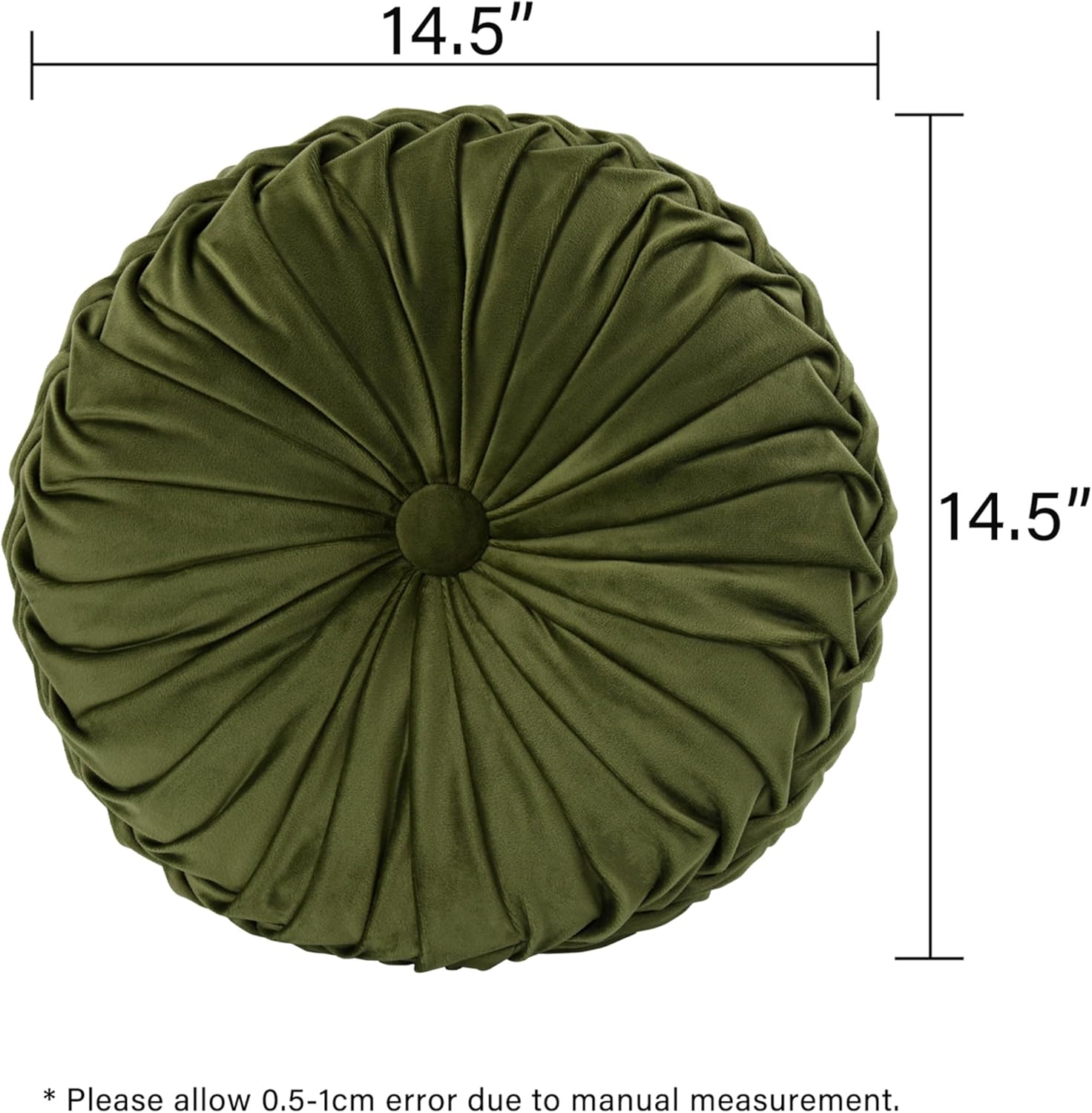 HIG Set of 2 Decorative Round Pleated Throw Pillows, Classy Accent Pumpkin Throw Pillows with Center Button, Vintage Velvet Floor Pillows for Sofa Couch Vanity Chair Bed, Olive, 14.5" Diameter(Ripple)