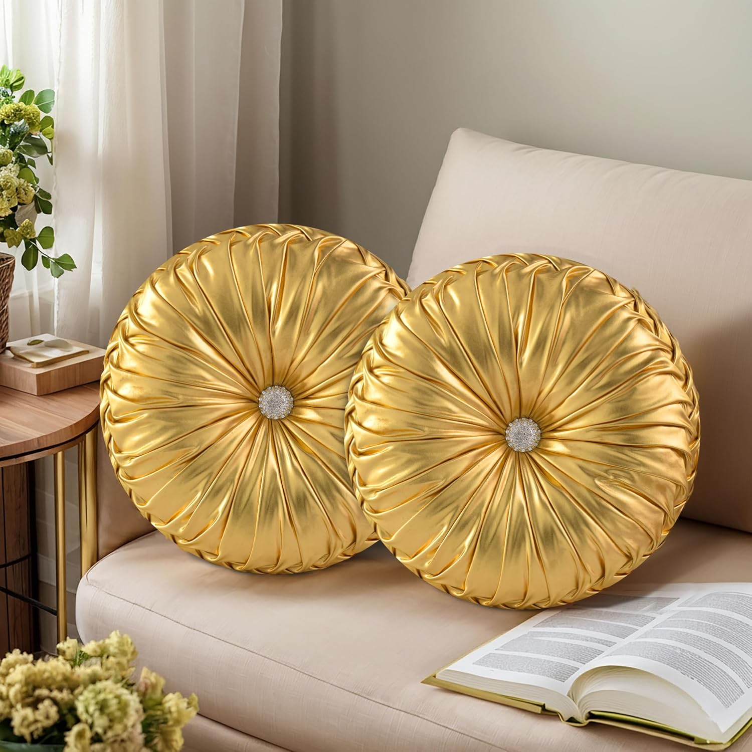 HIG Set of 2 Decorative Round Pleated Throw Pillows, Classy Accent Pumpkin Throw Pillows with Center Button, Vintage Velvet Floor Pillows for Sofa Couch Vanity Chair Bed, Olive, 14.5" Diameter(Ripple)