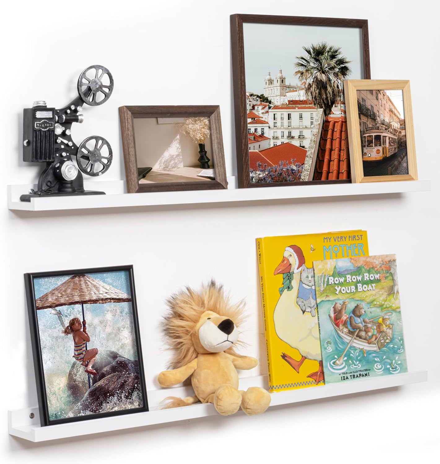 Fun Memories Picture Ledge Shelf for Wall, Floating Shelves Set of 4, 24 Inch Long Nursery Book Shelves for Toys Storage, Kids Bookshelf Wall Mounted for Books Photo Frames, Oak