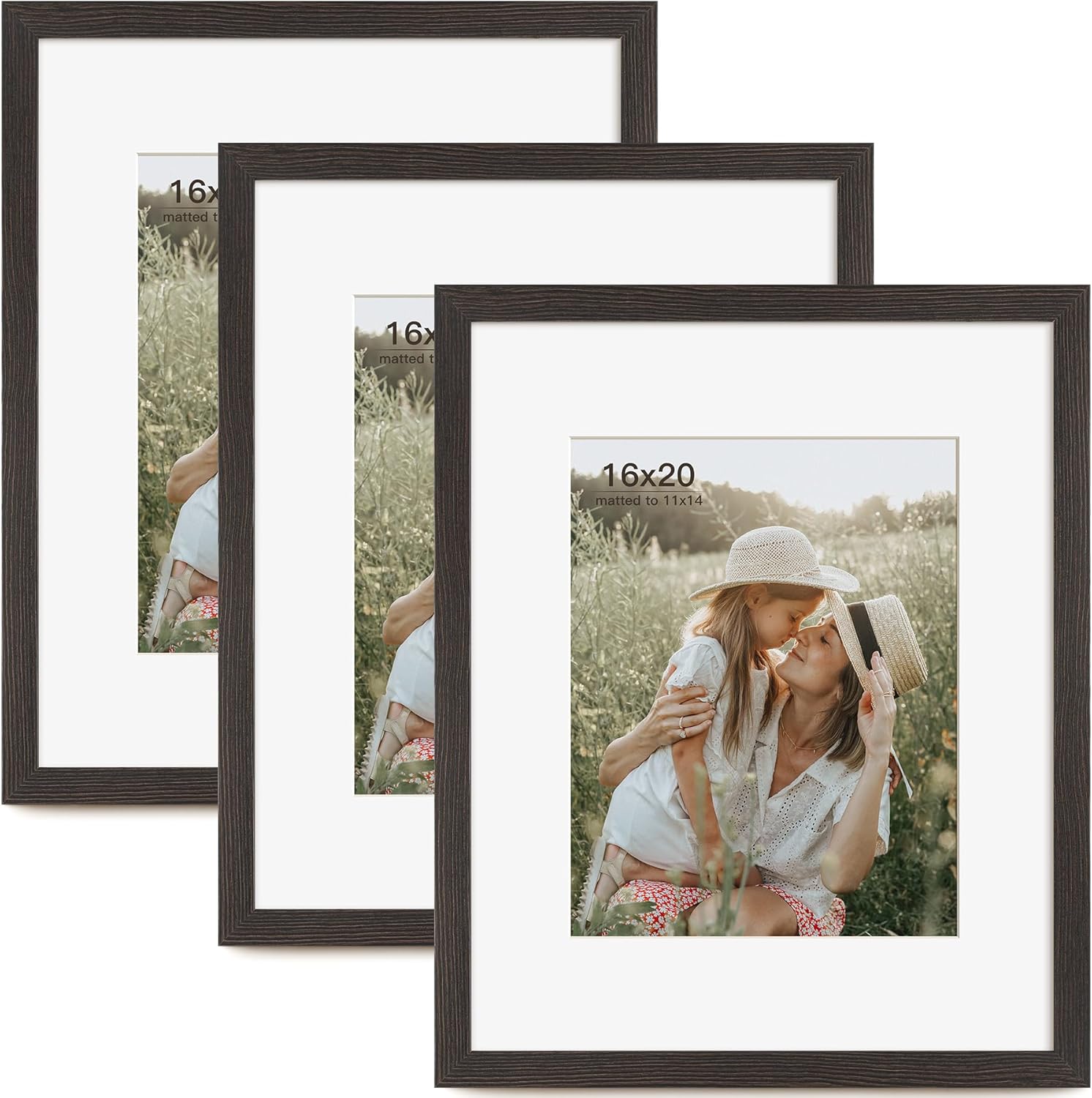 16x20 Picture Frame with Mat for 11x14 Set of 3, Natural Wood Grain 16x20 Frames for Wall Mounting (3 Pack, Natural)