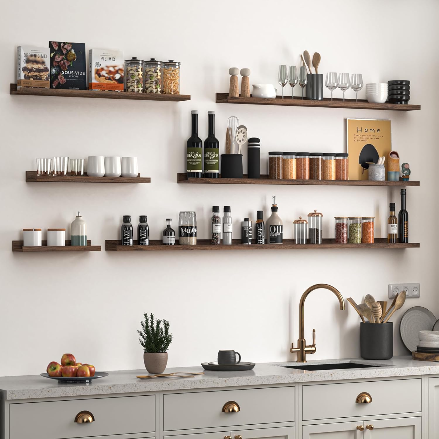 Heimlove Picture Ledge Shelf, Floating Shelves Set of 2, 36 Inches Picture Shelf for Wall with Ledge, Kids Bookshelf Wall Mounted for Living Room Bedroom Decor Books Photo Frames - Walnut