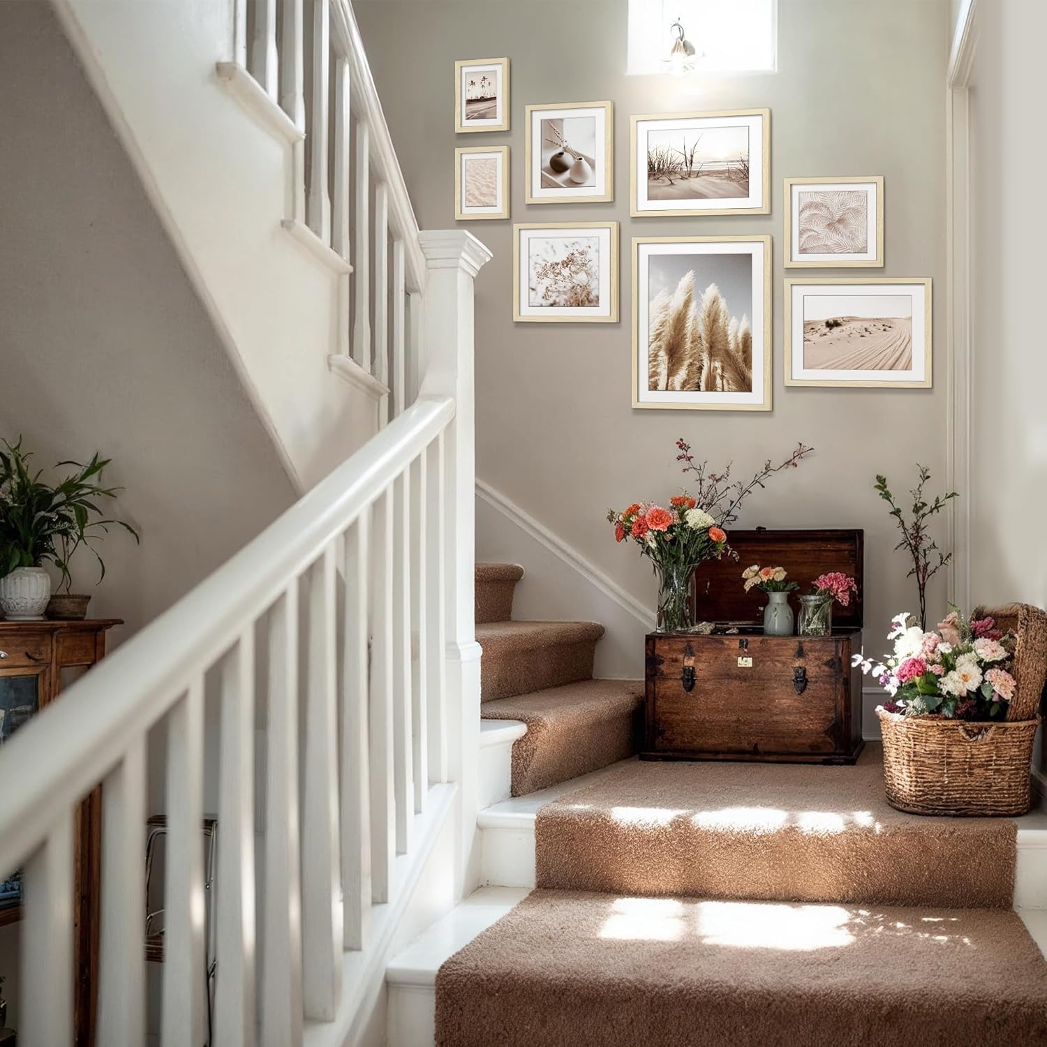 ArtbyHannah Gallery Wall Frame Set, 8 Pack Picture Frames Collage Wall Decor with Neutral Pampas Grass Art for Living Room, Assorted Size Including 11"x14", 8"x10", 5"x7"(Beige Frame)