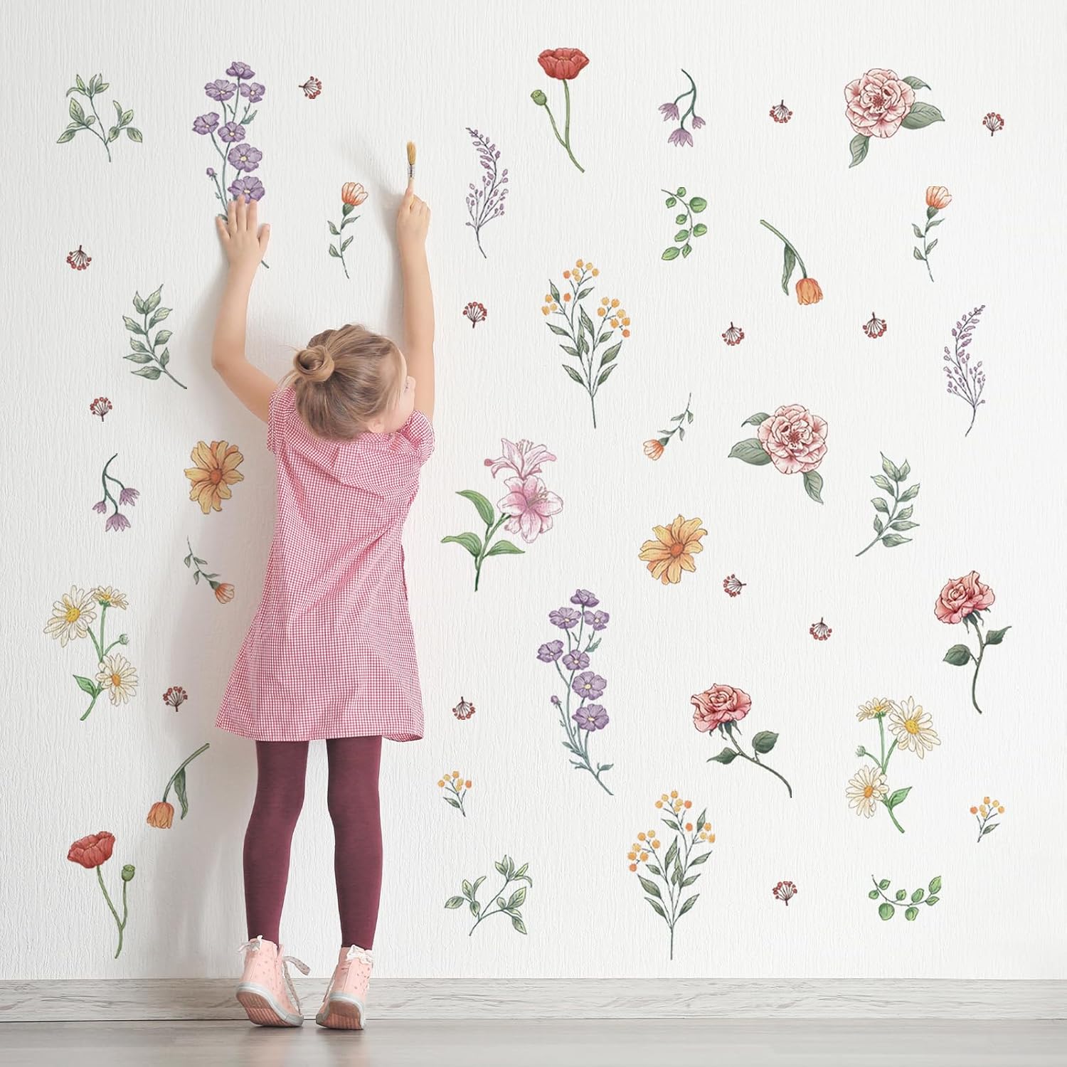 Retro Sketch Wildflower Wall Stickers, 15 Sheets Garden Floral Wall Decals DIY Peel and Stick Wall Decal Self Adhesive Wall Art Decor for Bedroom Office Sofa TV Backdrop